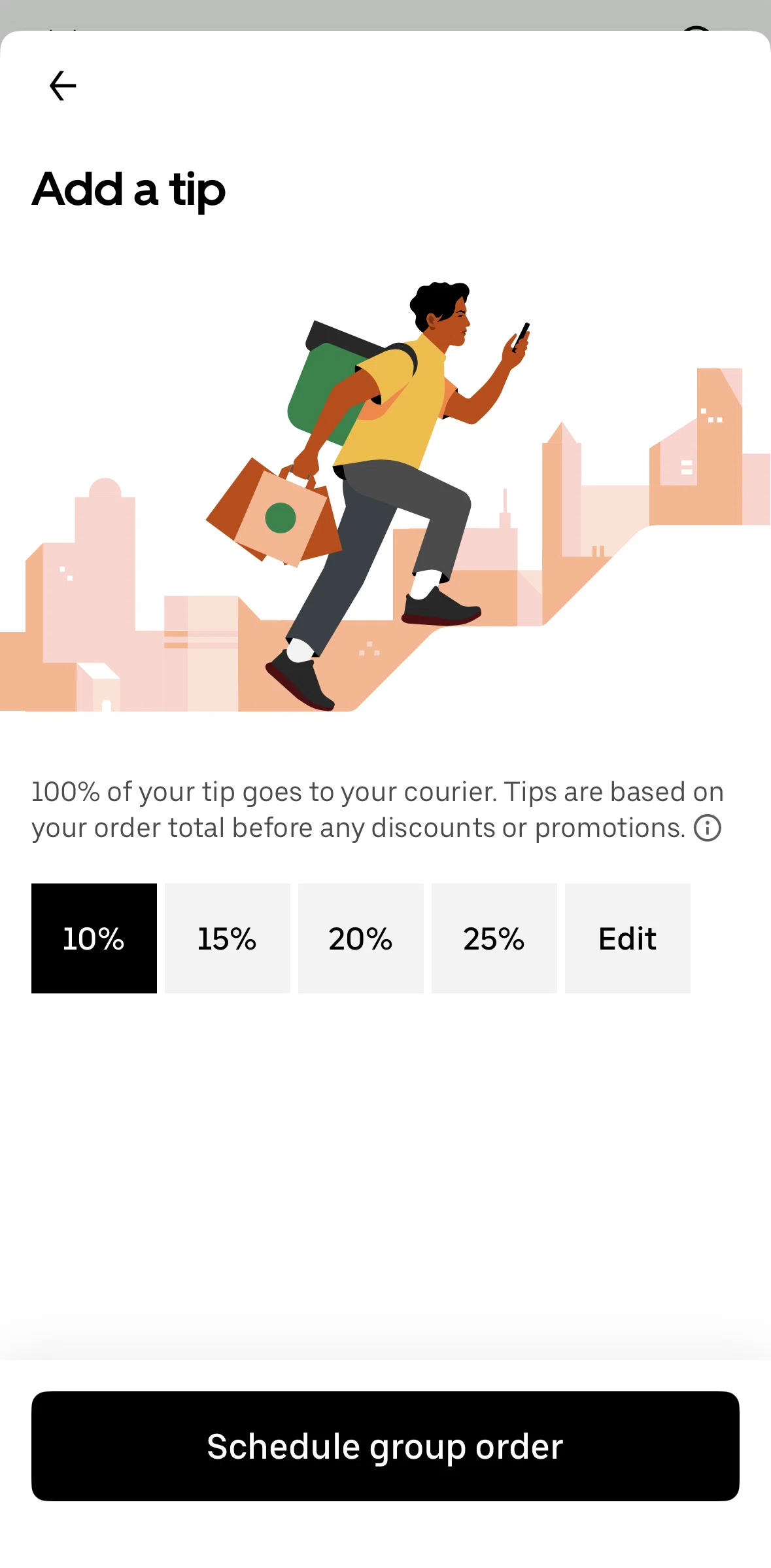 Uber Eats Screen screen in the Customizing a tip amount flow