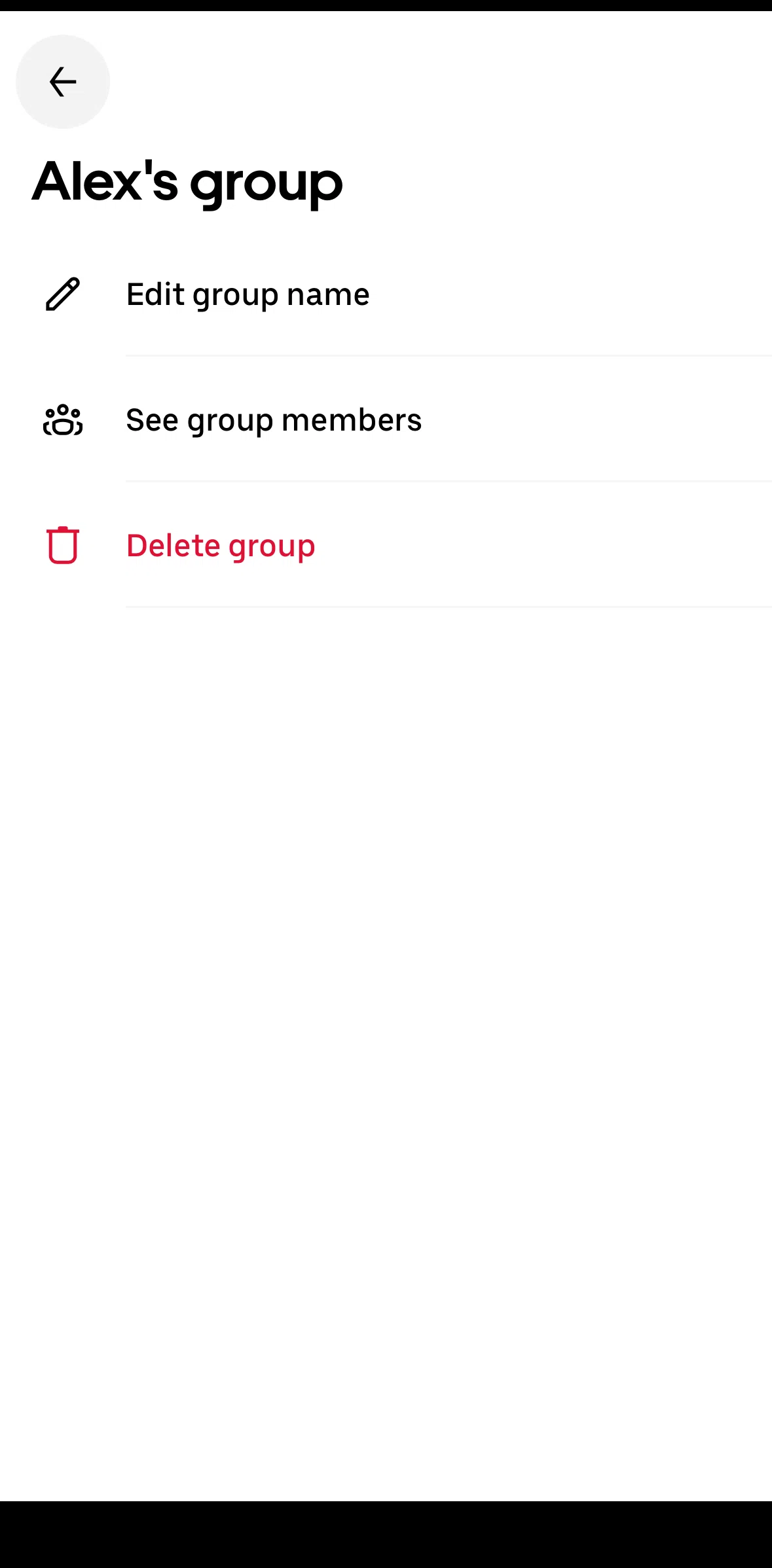 Uber Eats Screen screen in the Deleting a group flow
