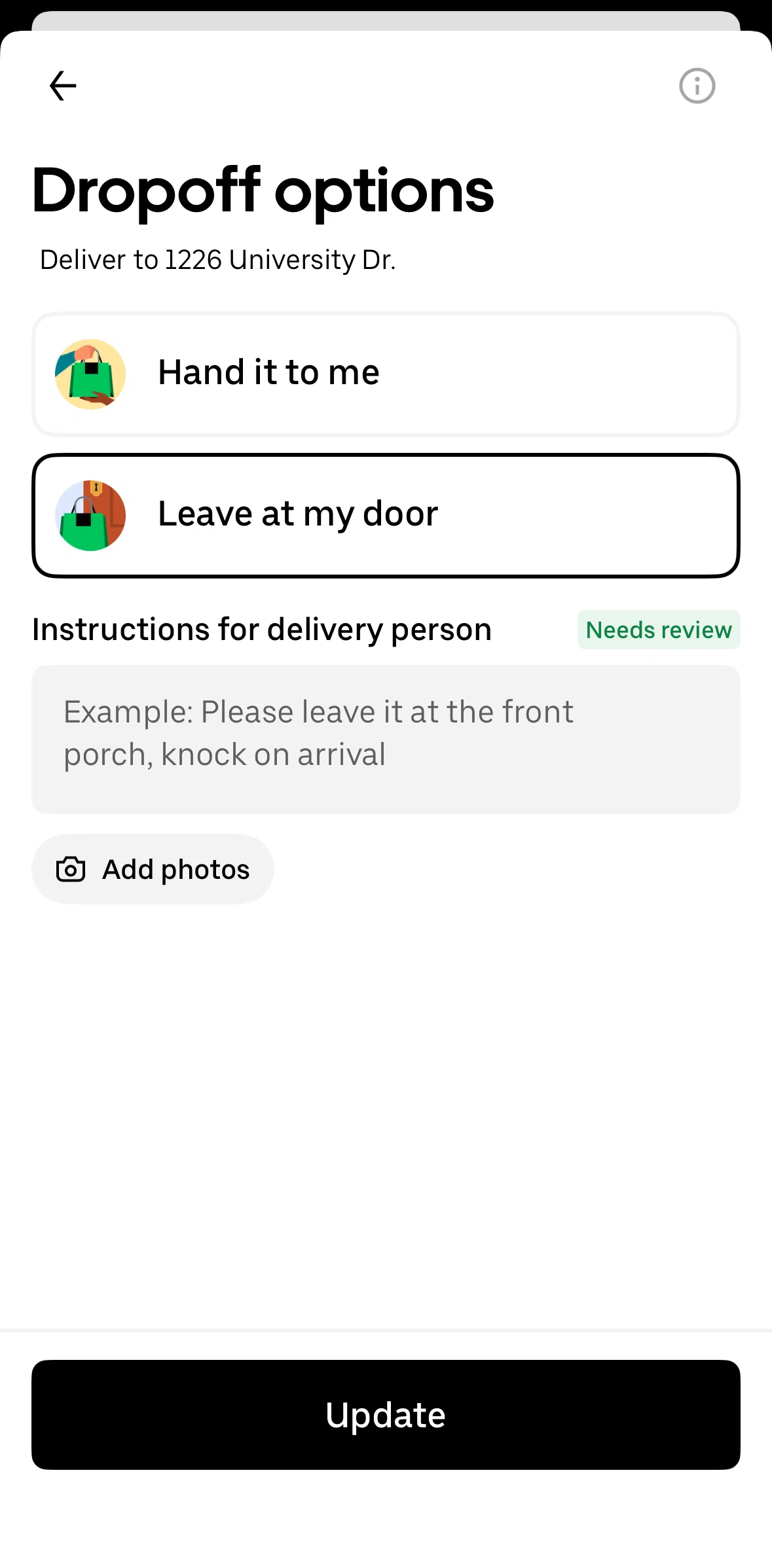 Uber Eats Screen screen in the Dropoff information flow