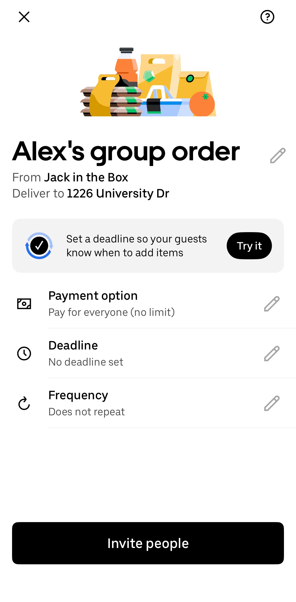 Uber Eats Screen screen in the Editing an order name flow