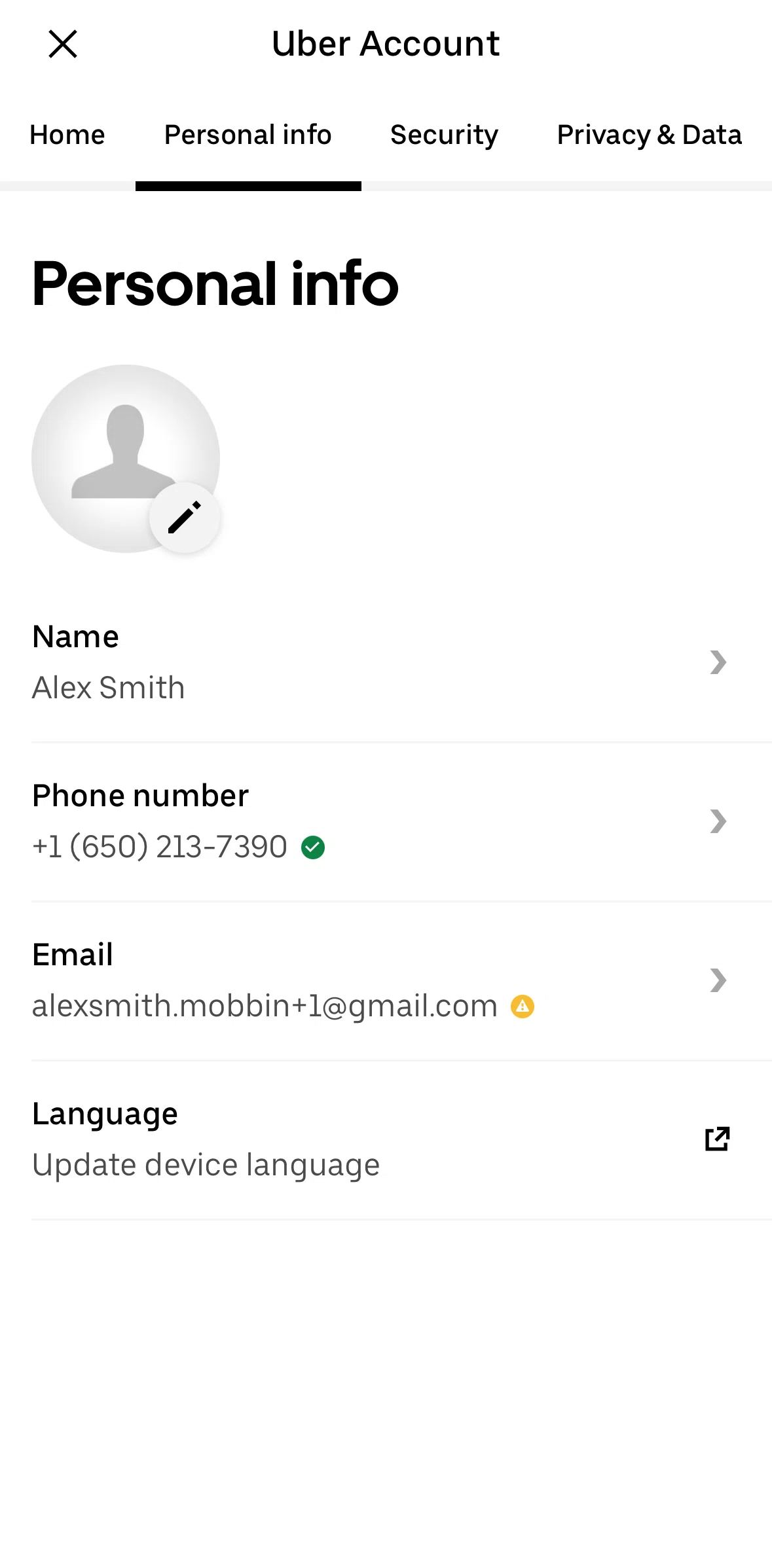 Uber Eats Screen screen in the Editing profile name flow
