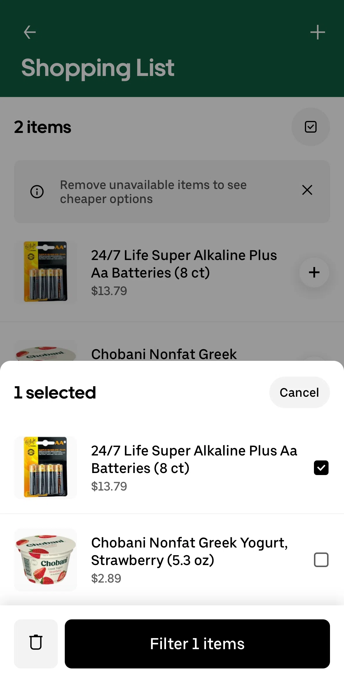 Uber Eats Screen screen in the Filtering items flow