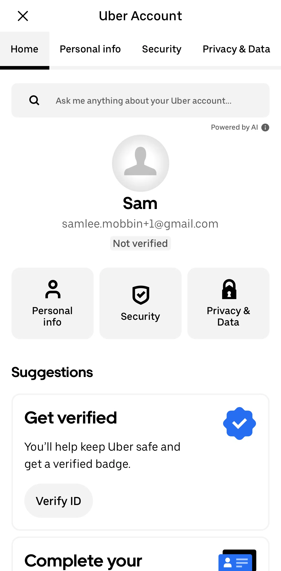 Uber Eats Screen screen in the Home (Uber account) flow
