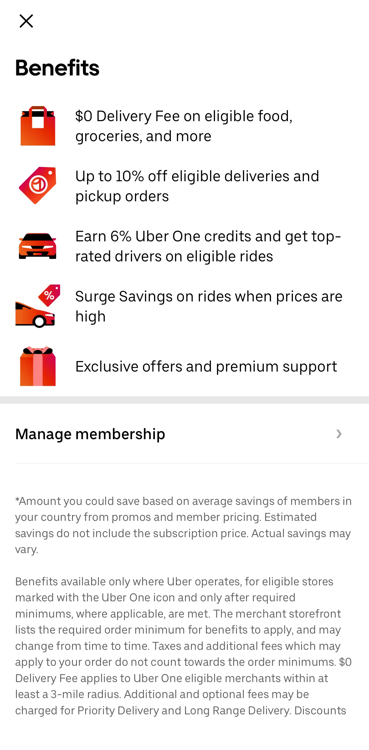 Uber Eats Screen screen in the Manage membership flow