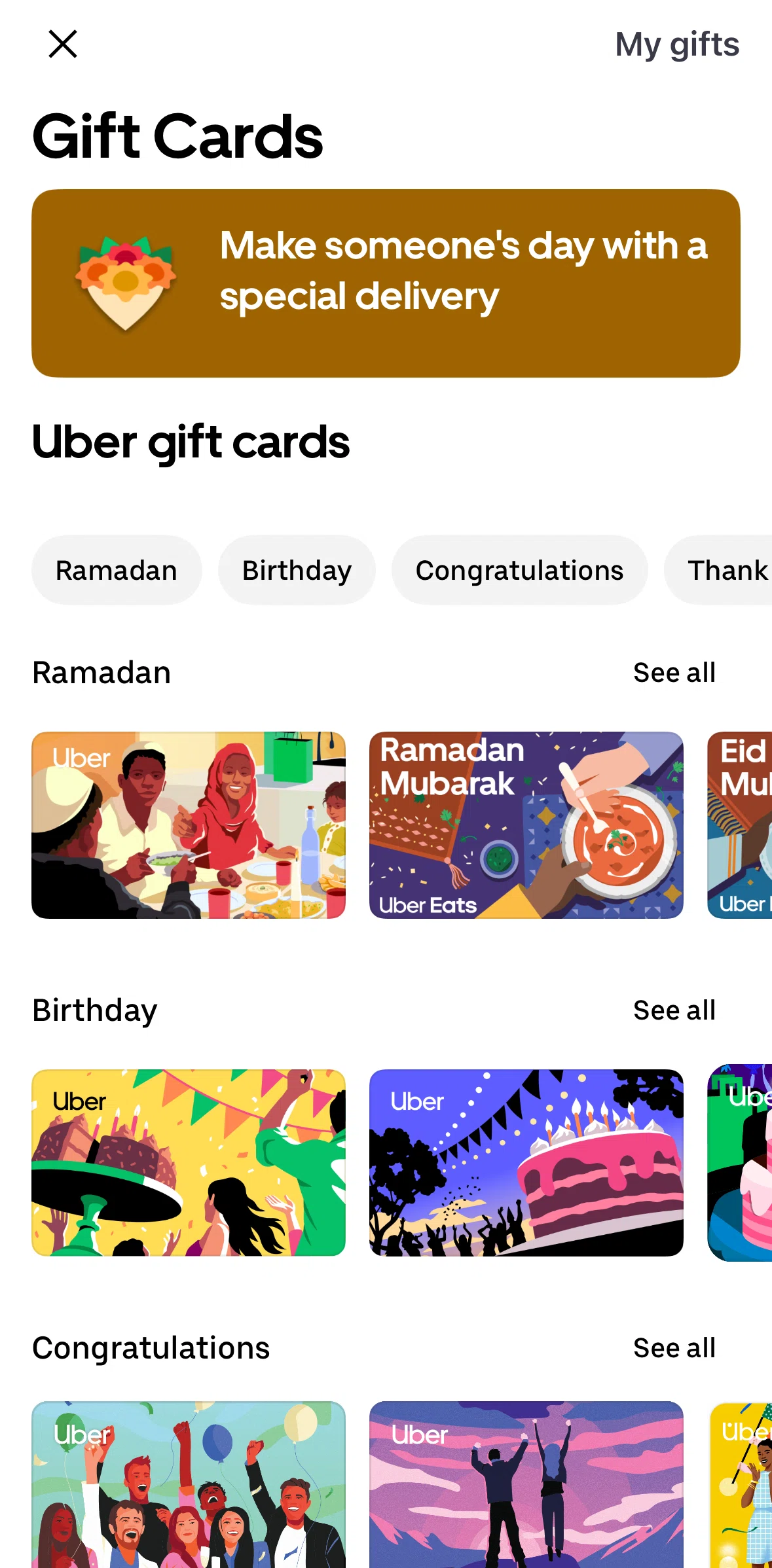 Uber Eats Screen screen in the My gifts flow