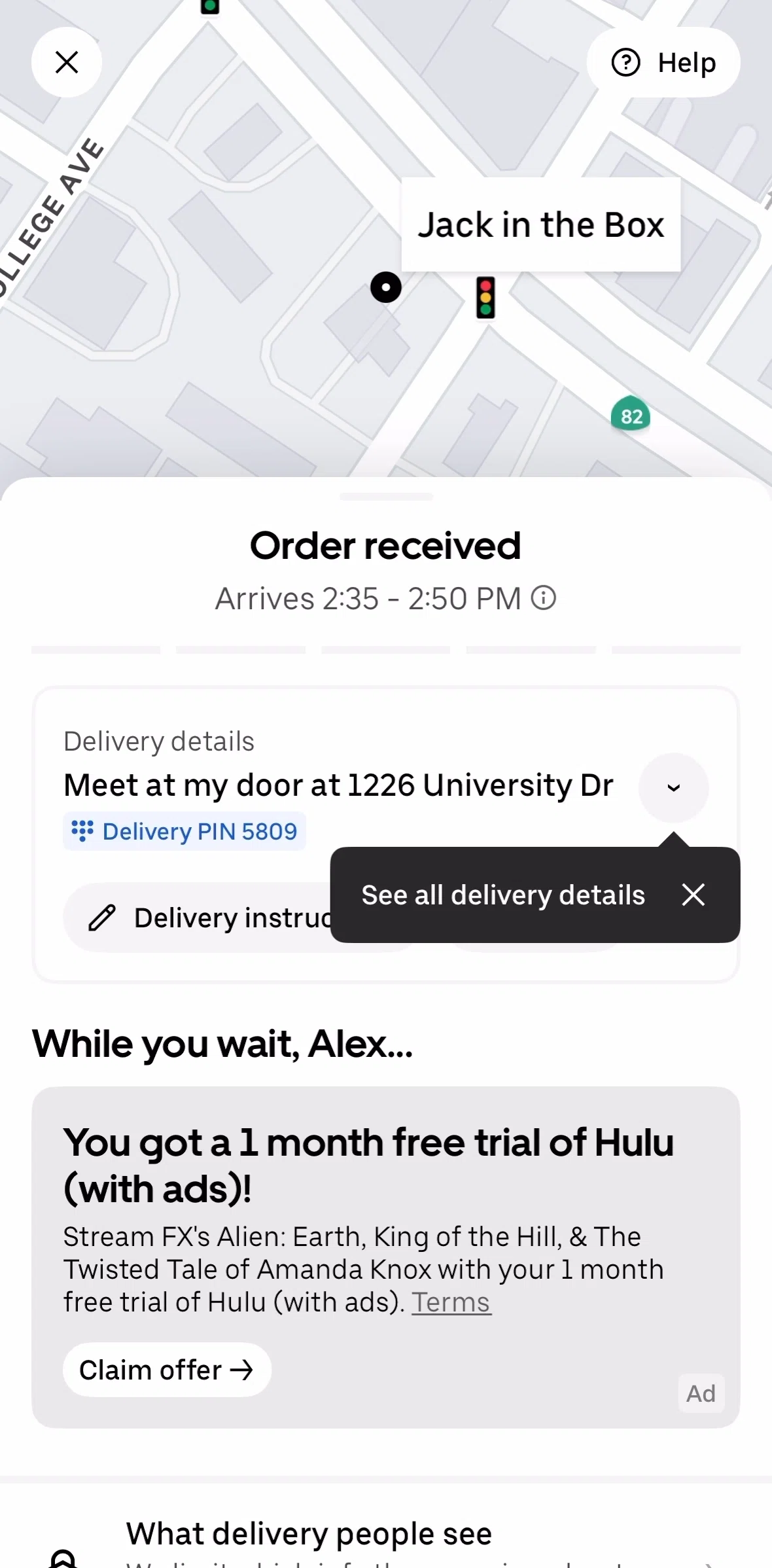 Uber Eats Screen screen in the Ongoing delivery flow