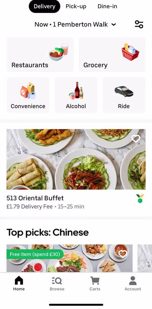 Uber Eats Home screen in the Ordering Food flow