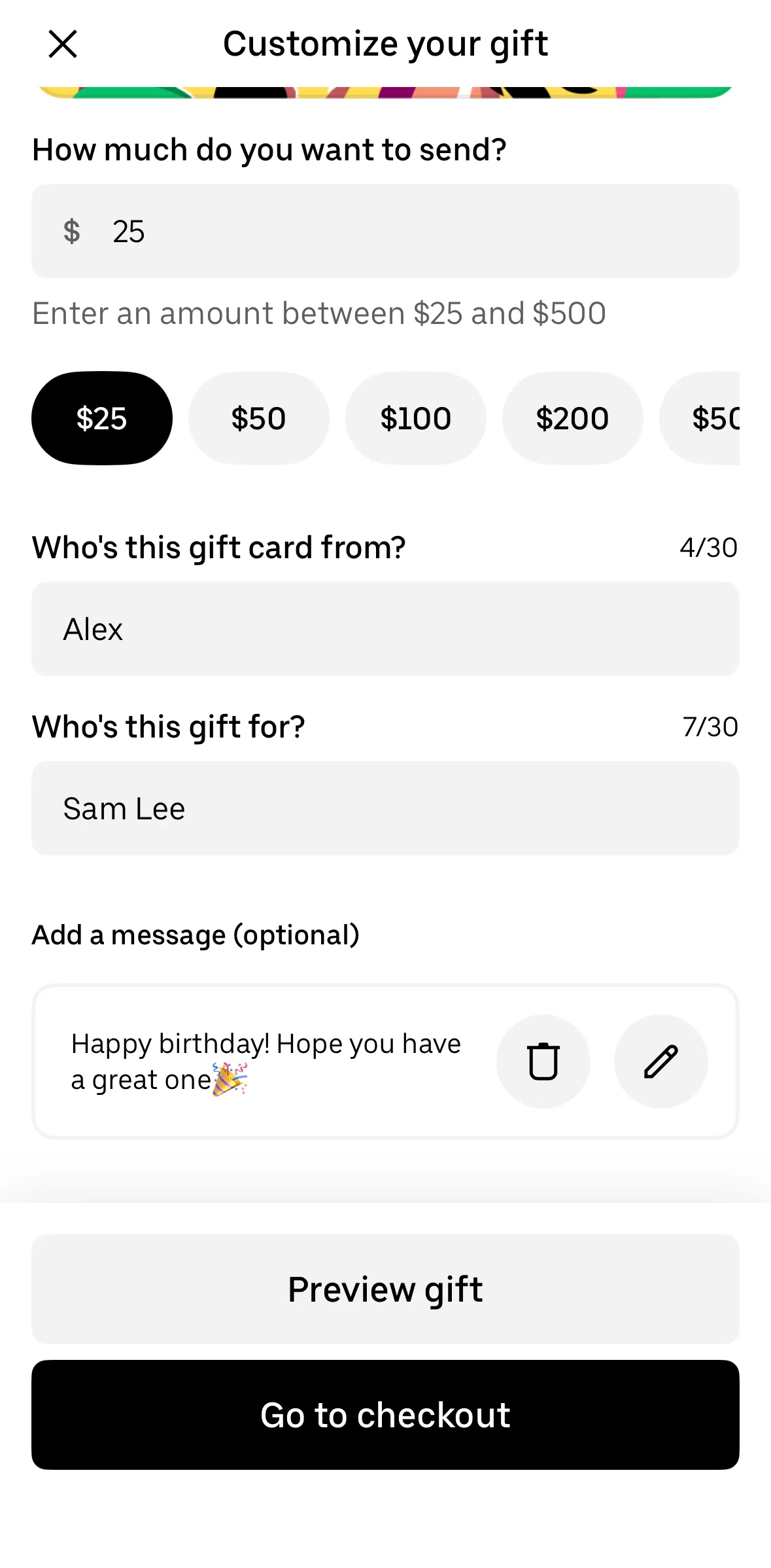 Uber Eats Screen screen in the Purchase a gift card flow