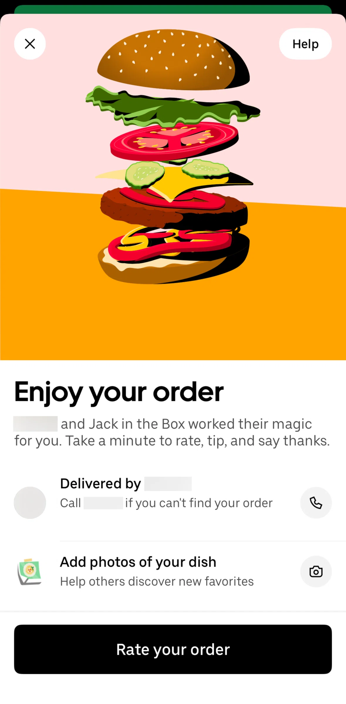Uber Eats Screen screen in the Rating an order flow