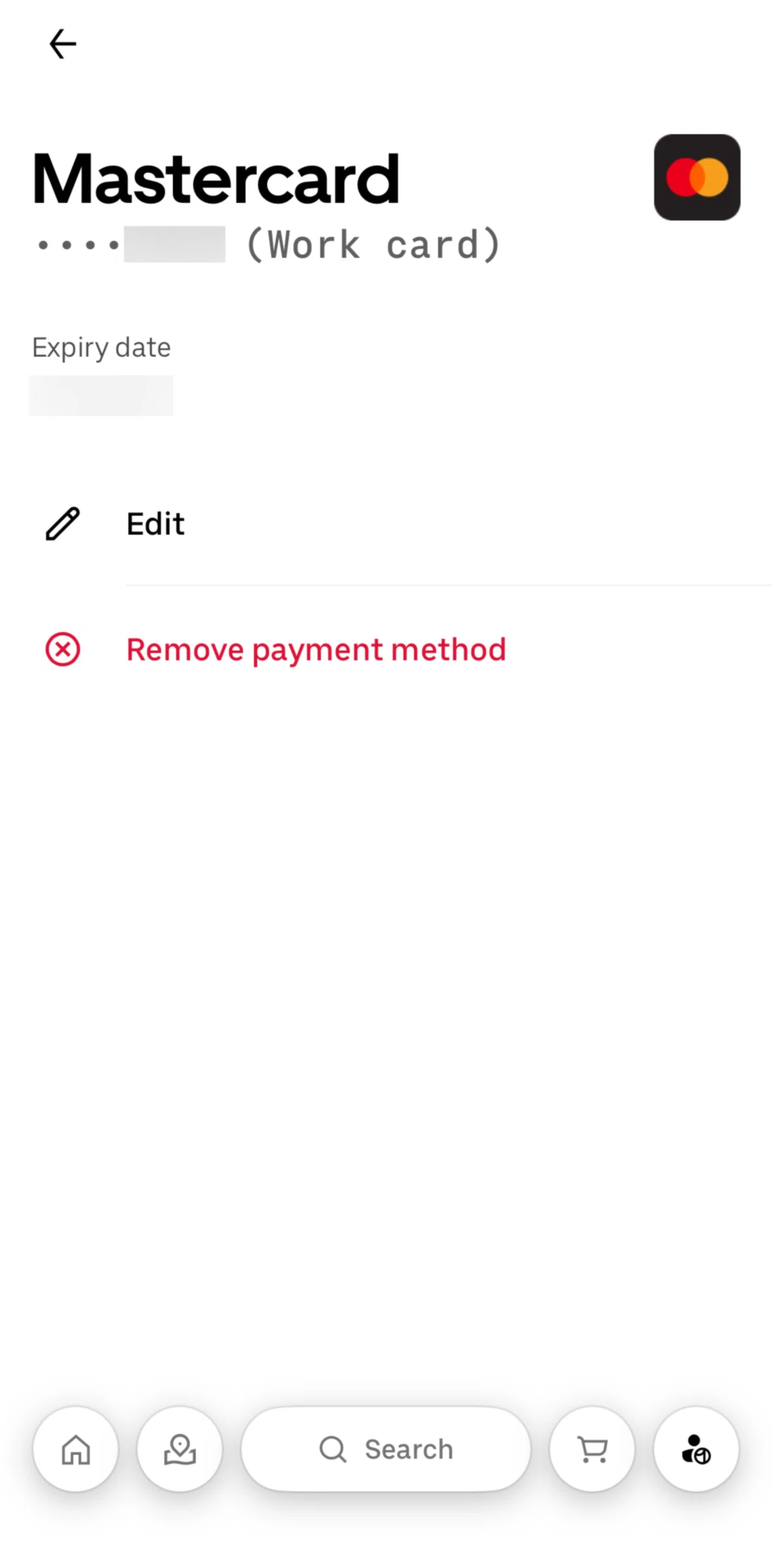 Uber Eats Screen screen in the Removing a payment method flow
