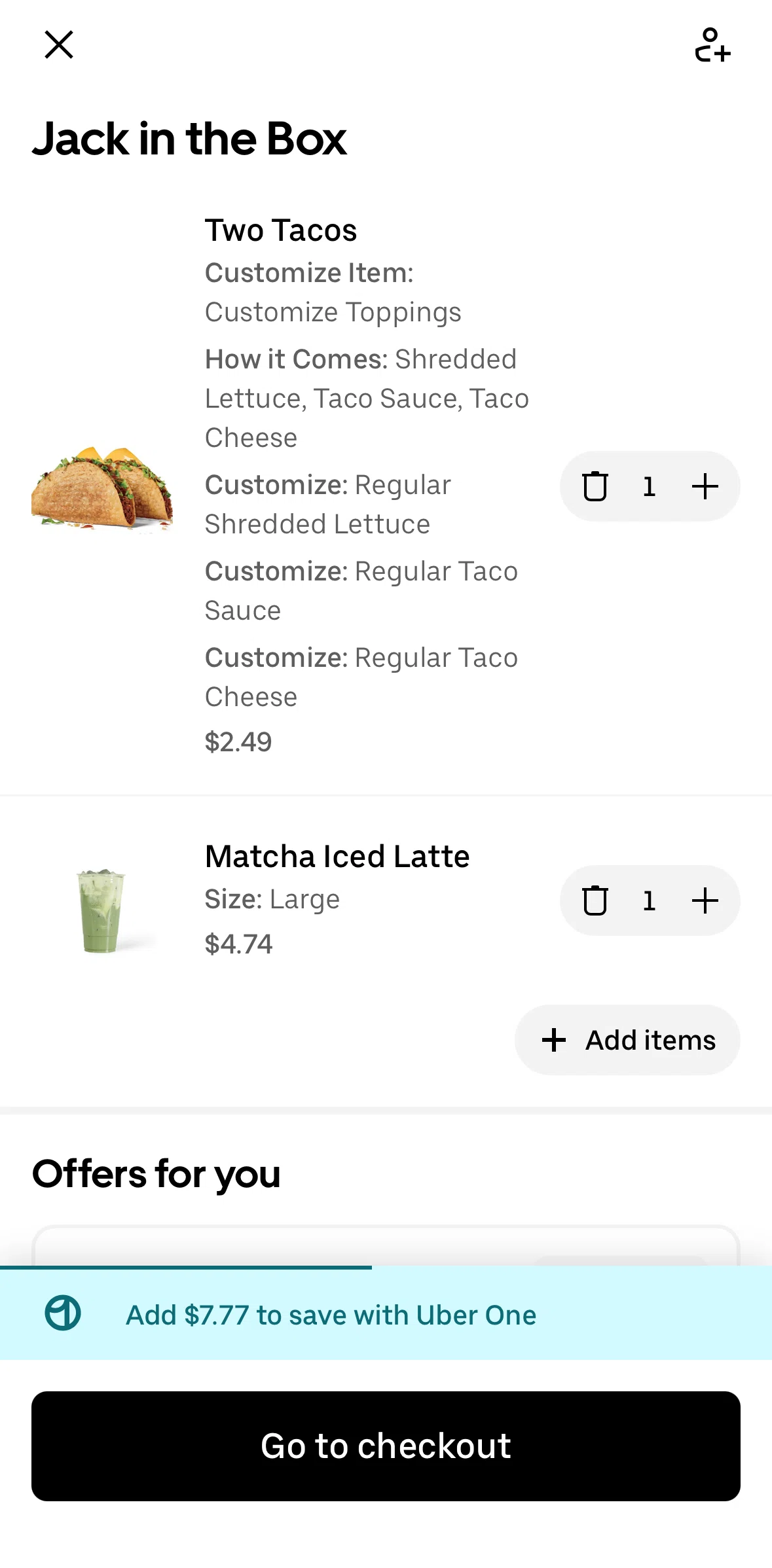 Uber Eats Screen screen in the Removing an item from cart flow