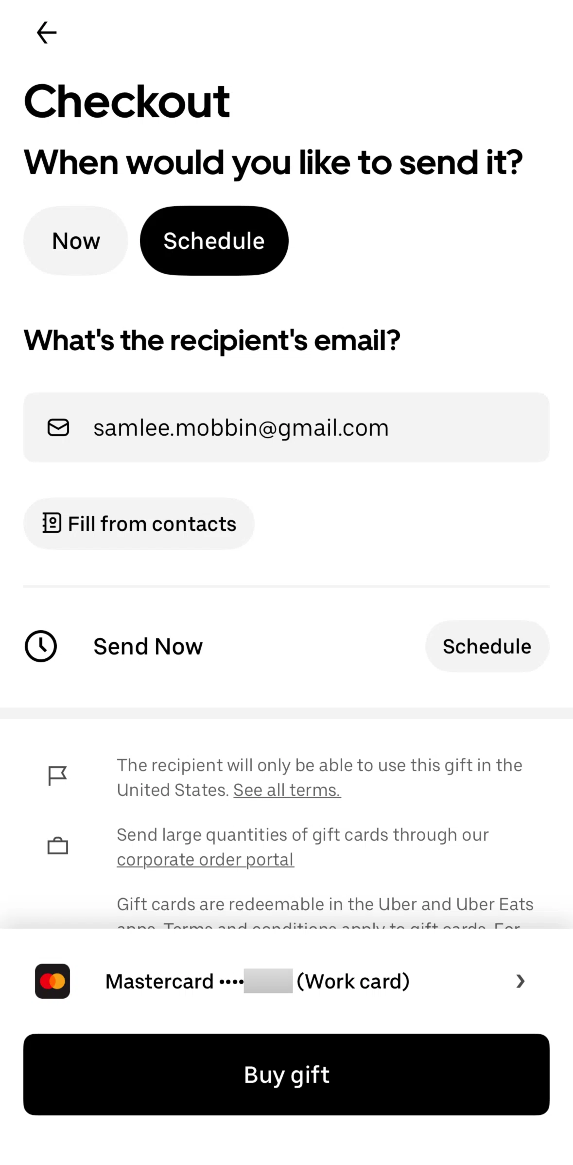 Uber Eats Screen screen in the Scheduling a checkout flow