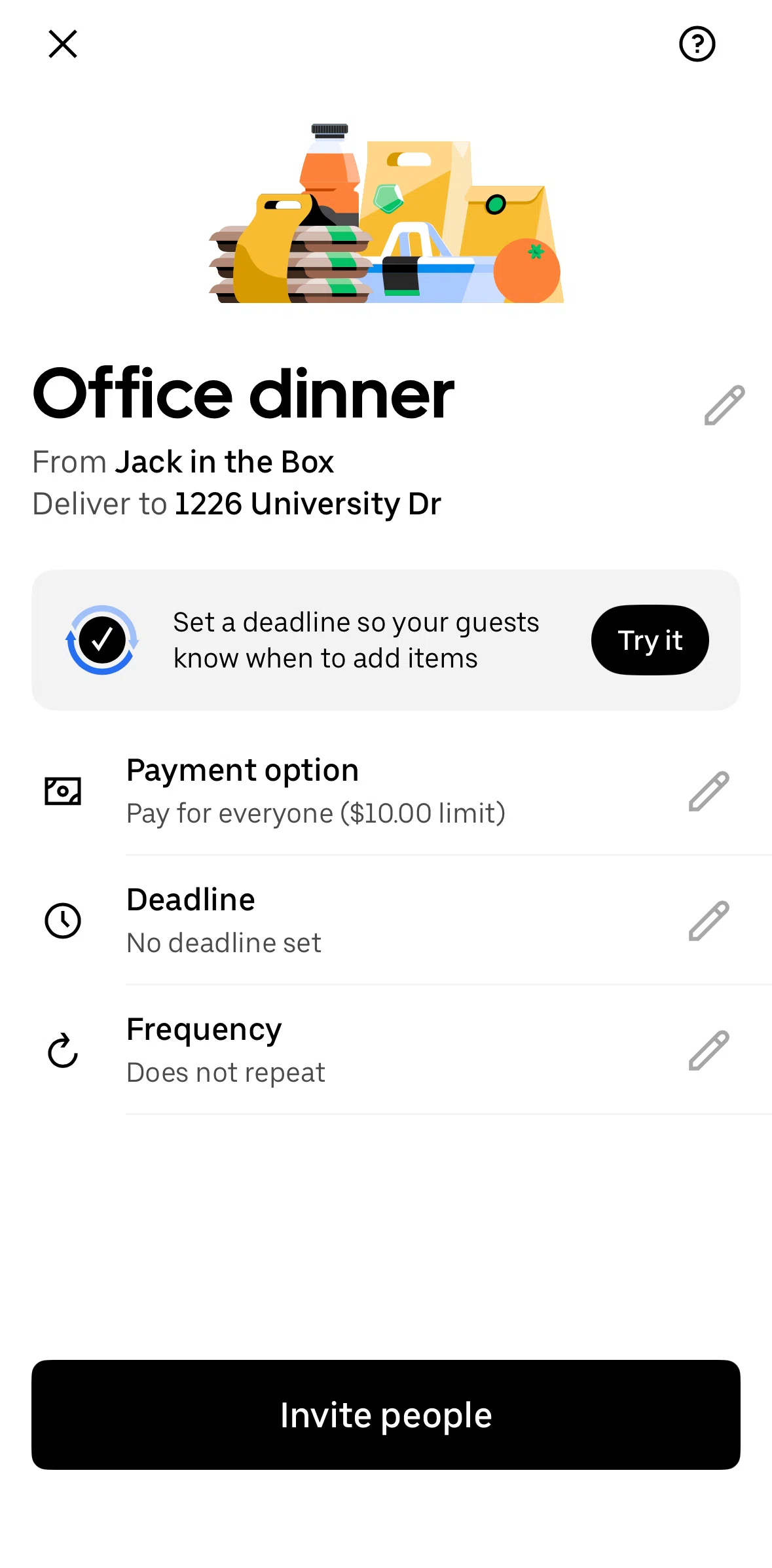 Uber Eats Screen screen in the Scheduling a repeat group order flow
