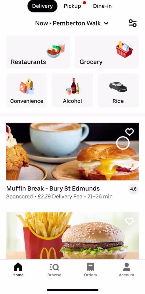 Uber Eats Home screen in the Searching flow