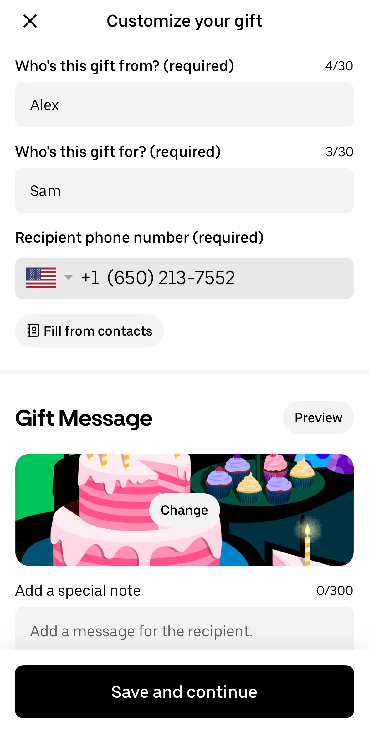Uber Eats Screen screen in the Selecting a gift card flow