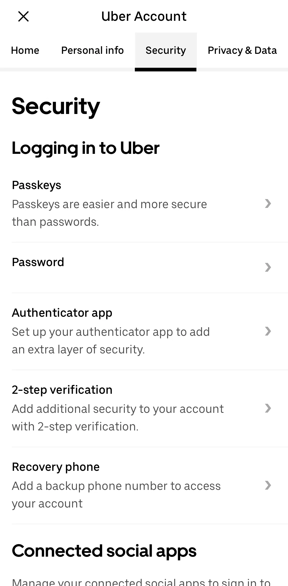 Uber Eats Screen screen in the Setting up an autheticator app flow