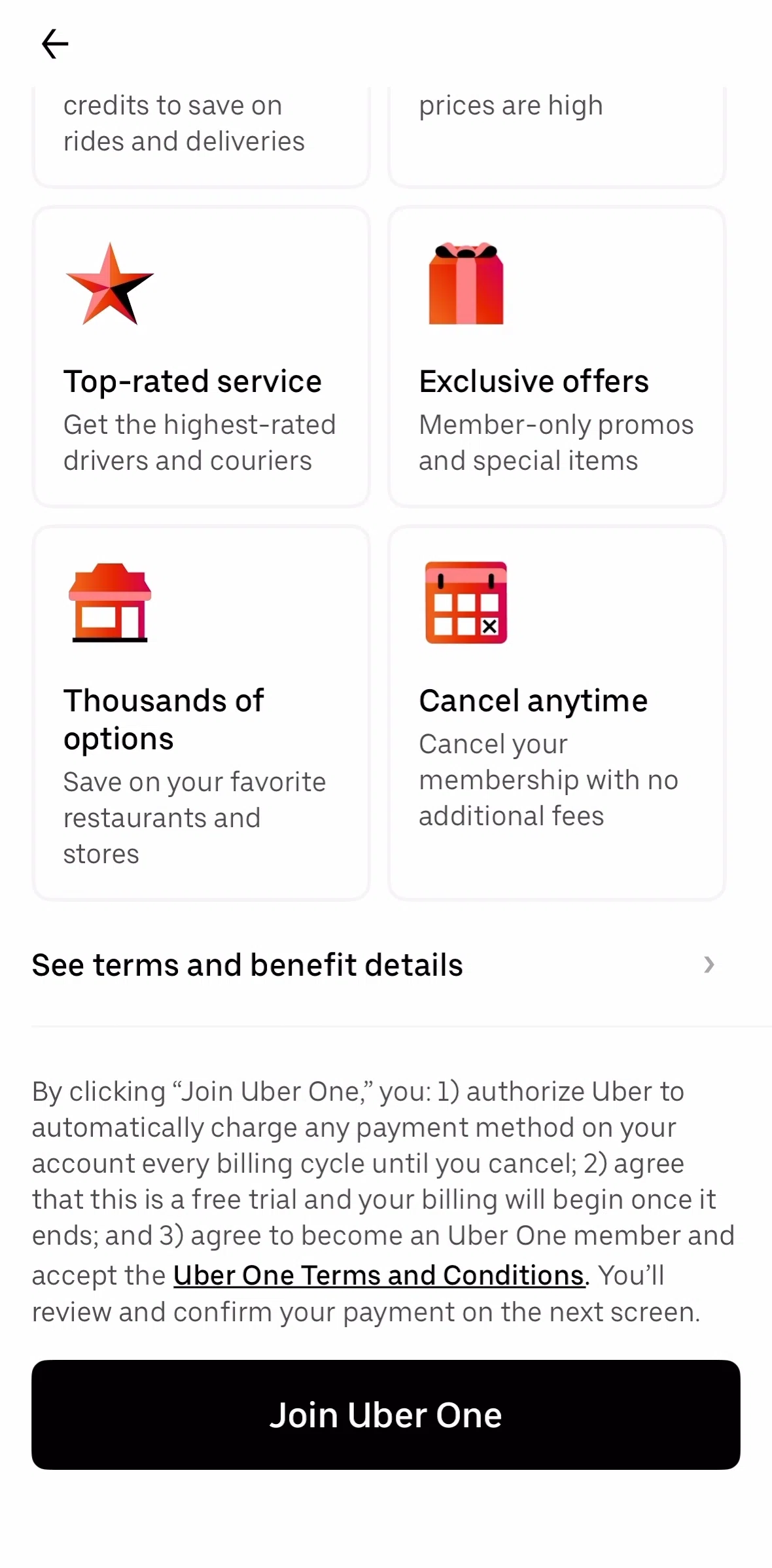 Uber Eats Screen screen in the Subscribing to Uber One flow