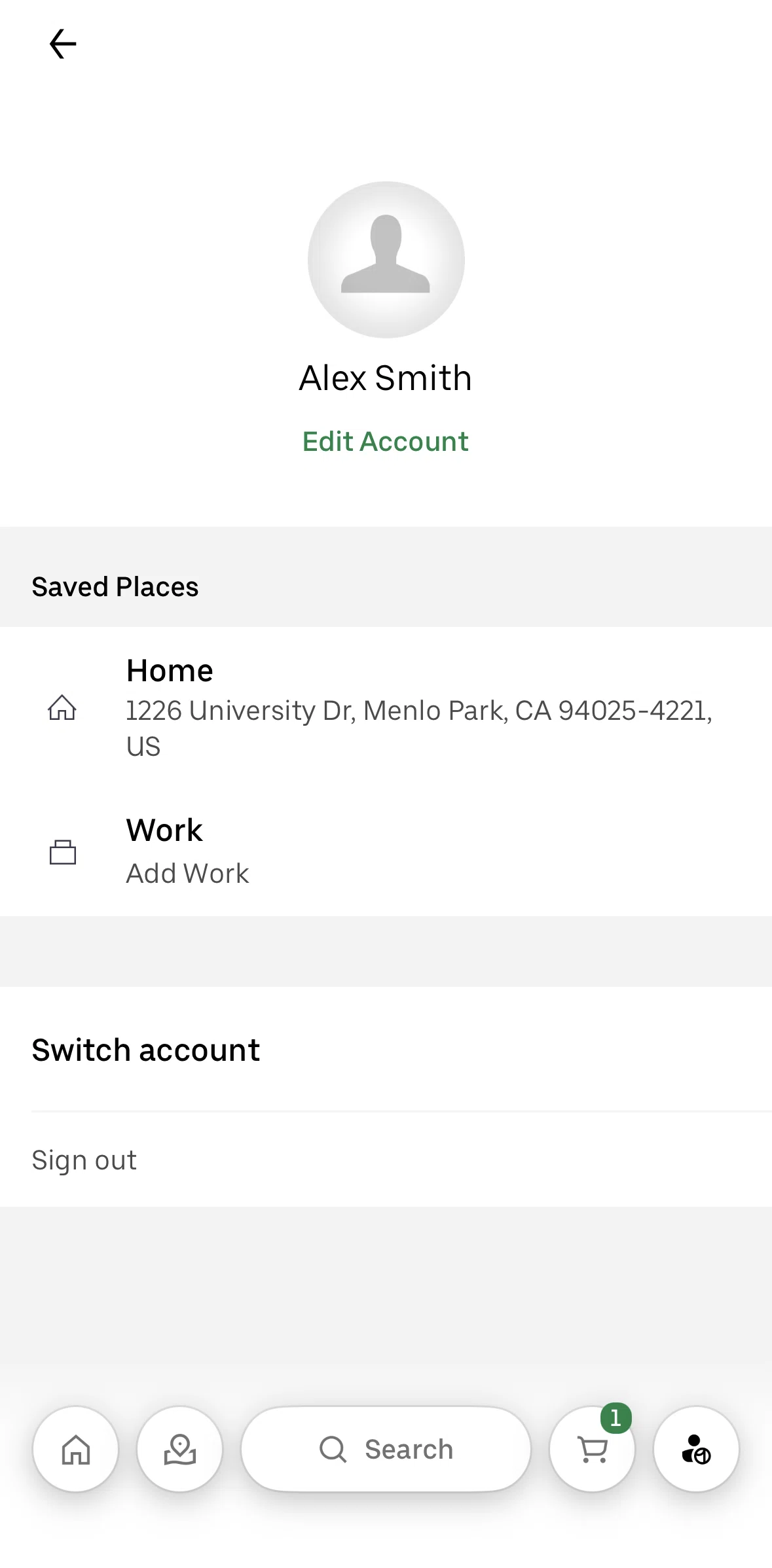 Uber Eats Screen screen in the Switch account flow