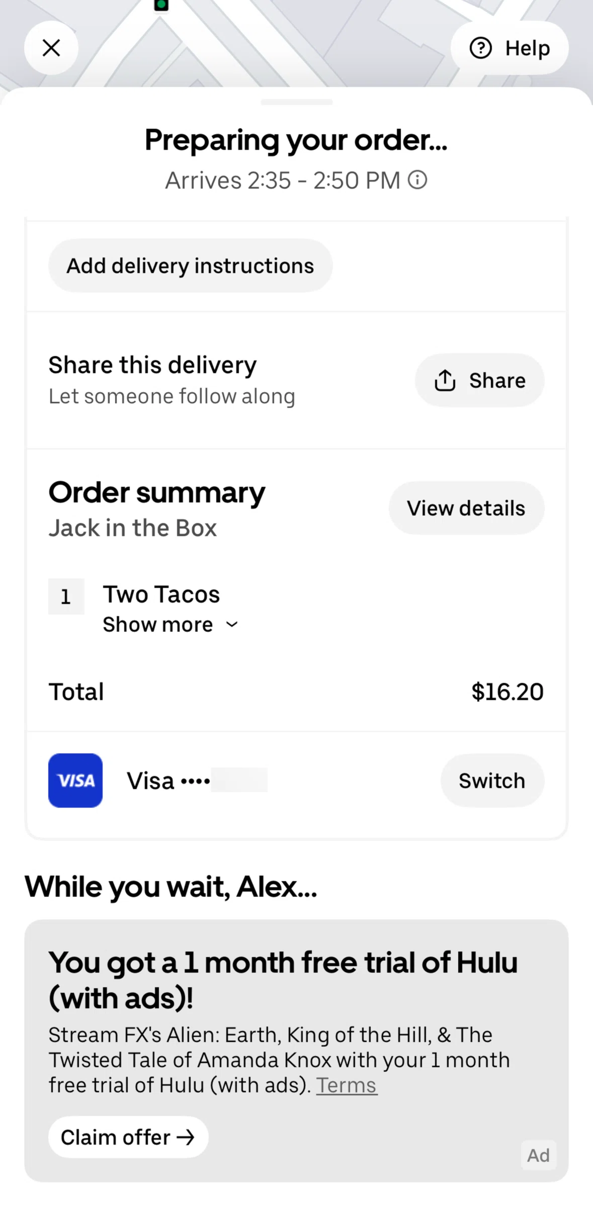 Uber Eats Screen screen in the Switch payment method flow