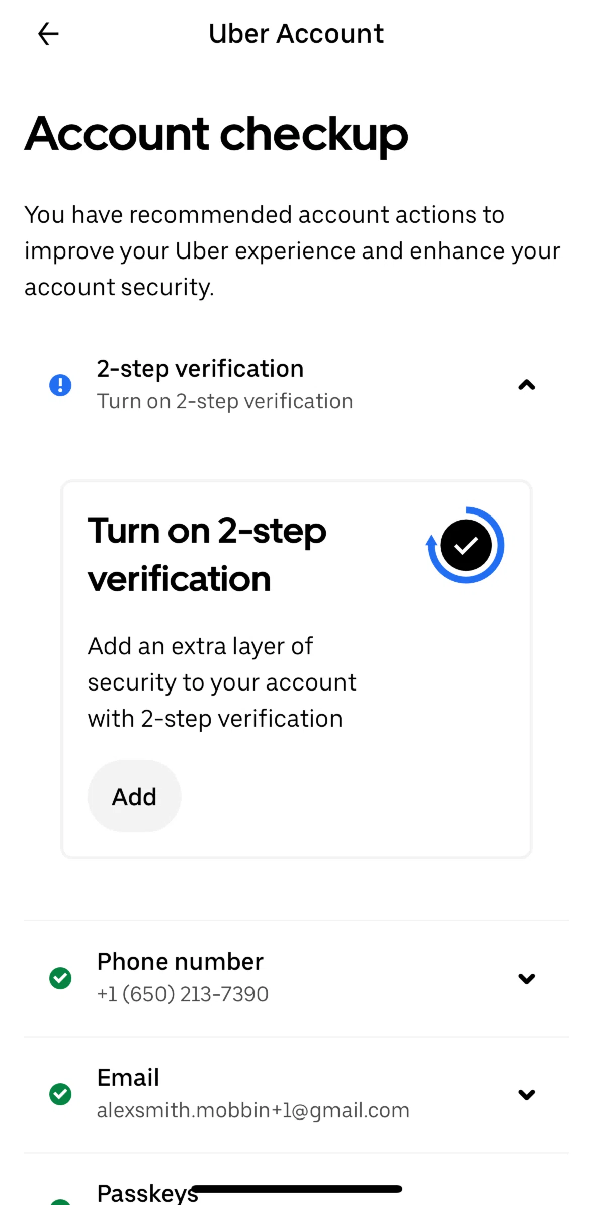 Uber Eats Screen screen in the Turning on a 2-step verification flow