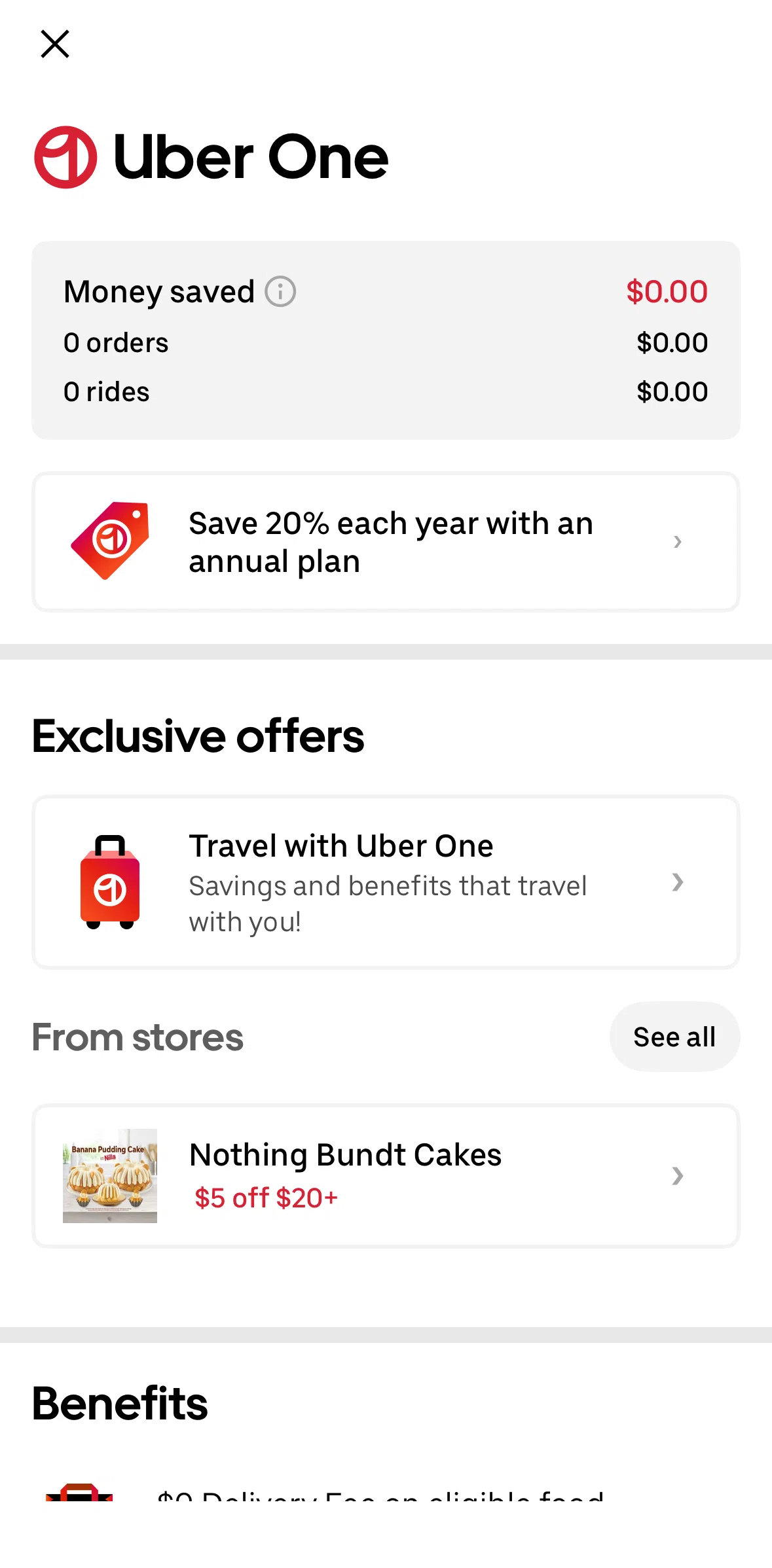 Uber Eats Screen screen in the Uber One annual plan flow
