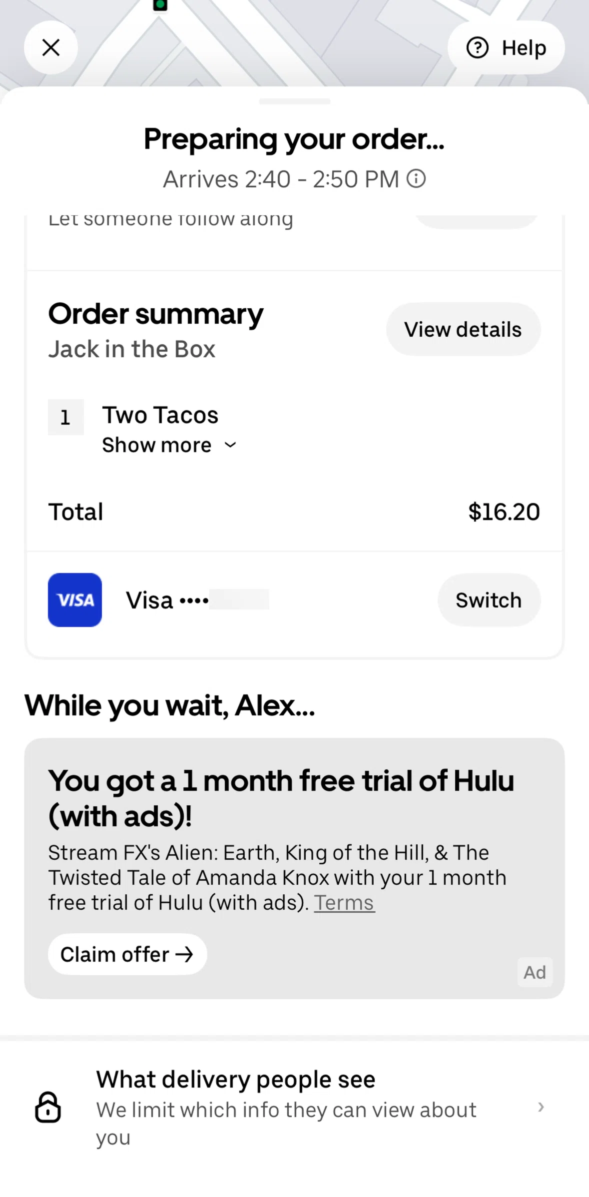 Uber Eats Screen screen in the What delivery people see flow