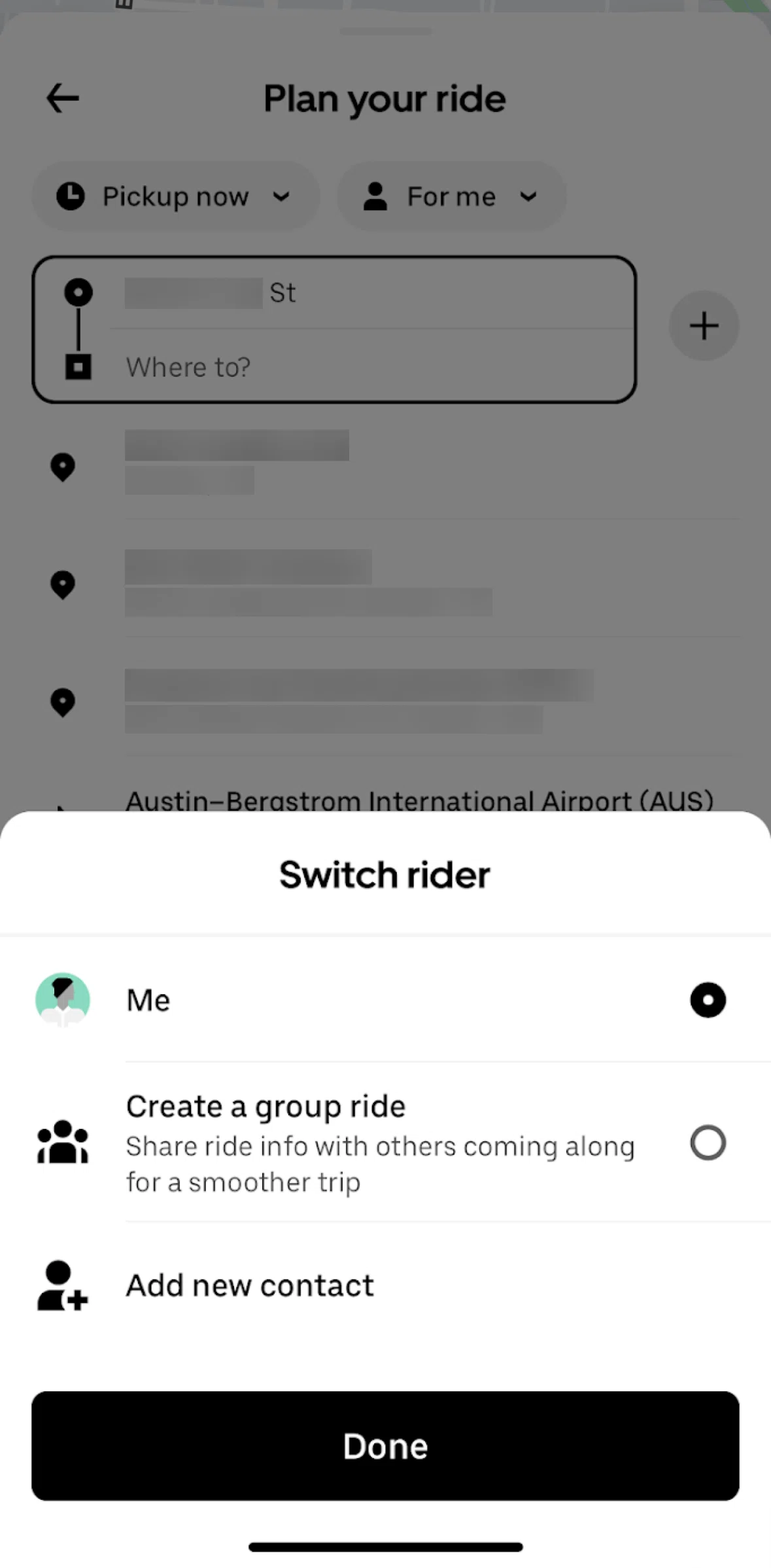 Uber Screen screen in the Adding a rider flow