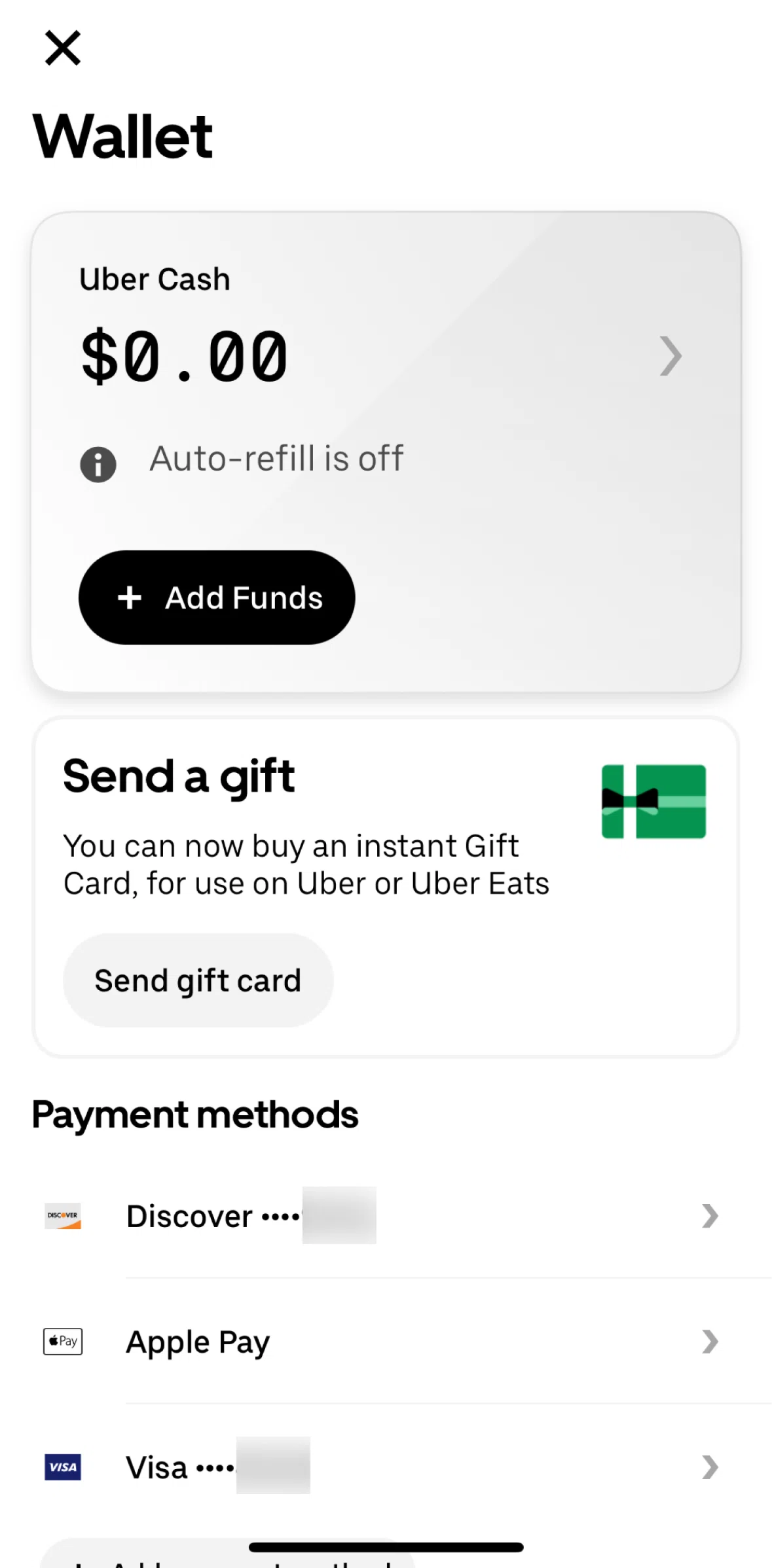 Uber Screen screen in the Adding funds to my wallet flow