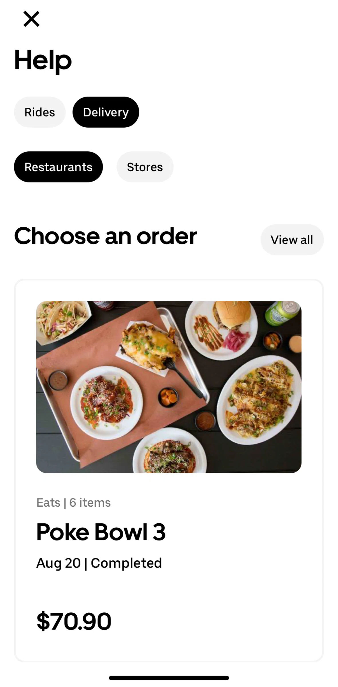 Uber Screen screen in the All orders flow