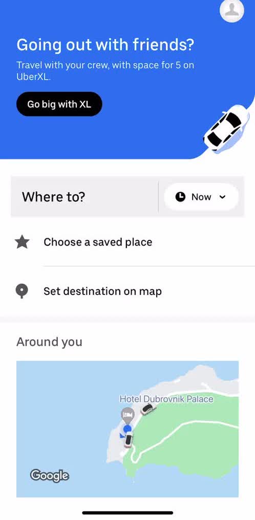 Uber Home screen in the Booking Transport flow