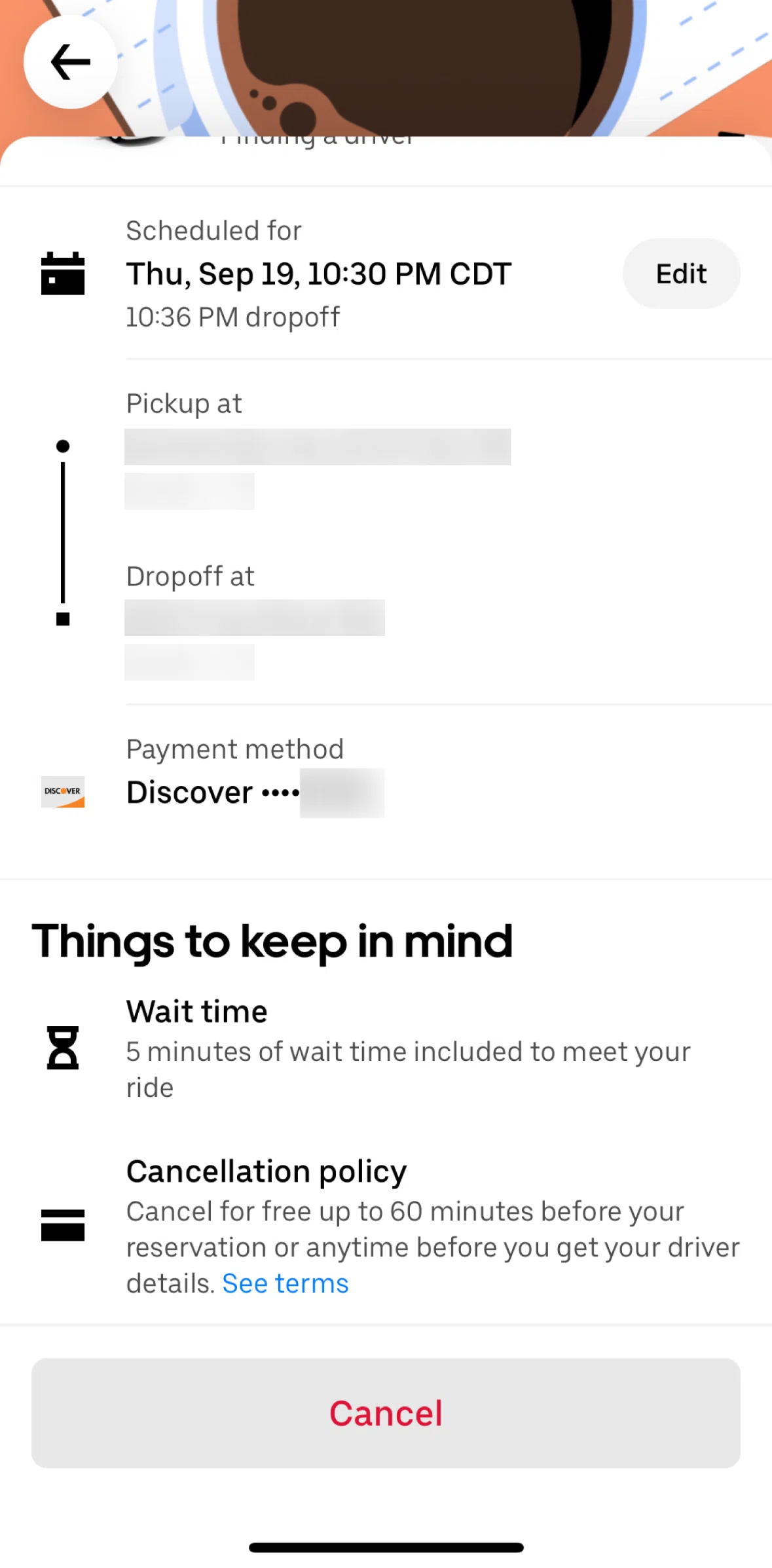 Uber Screen screen in the Cancel a ride reservation flow
