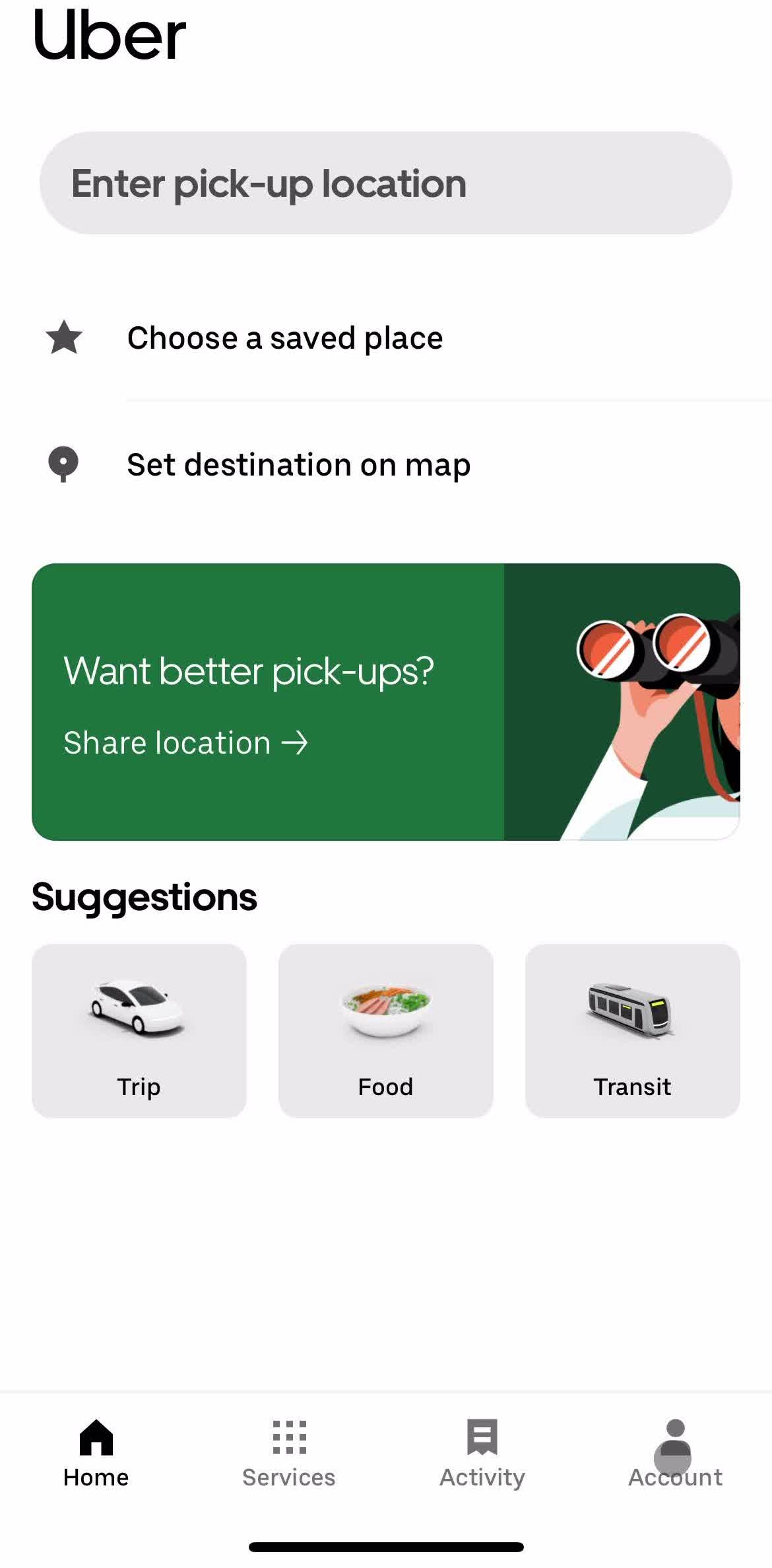 Uber Home screen in the Changing Password flow