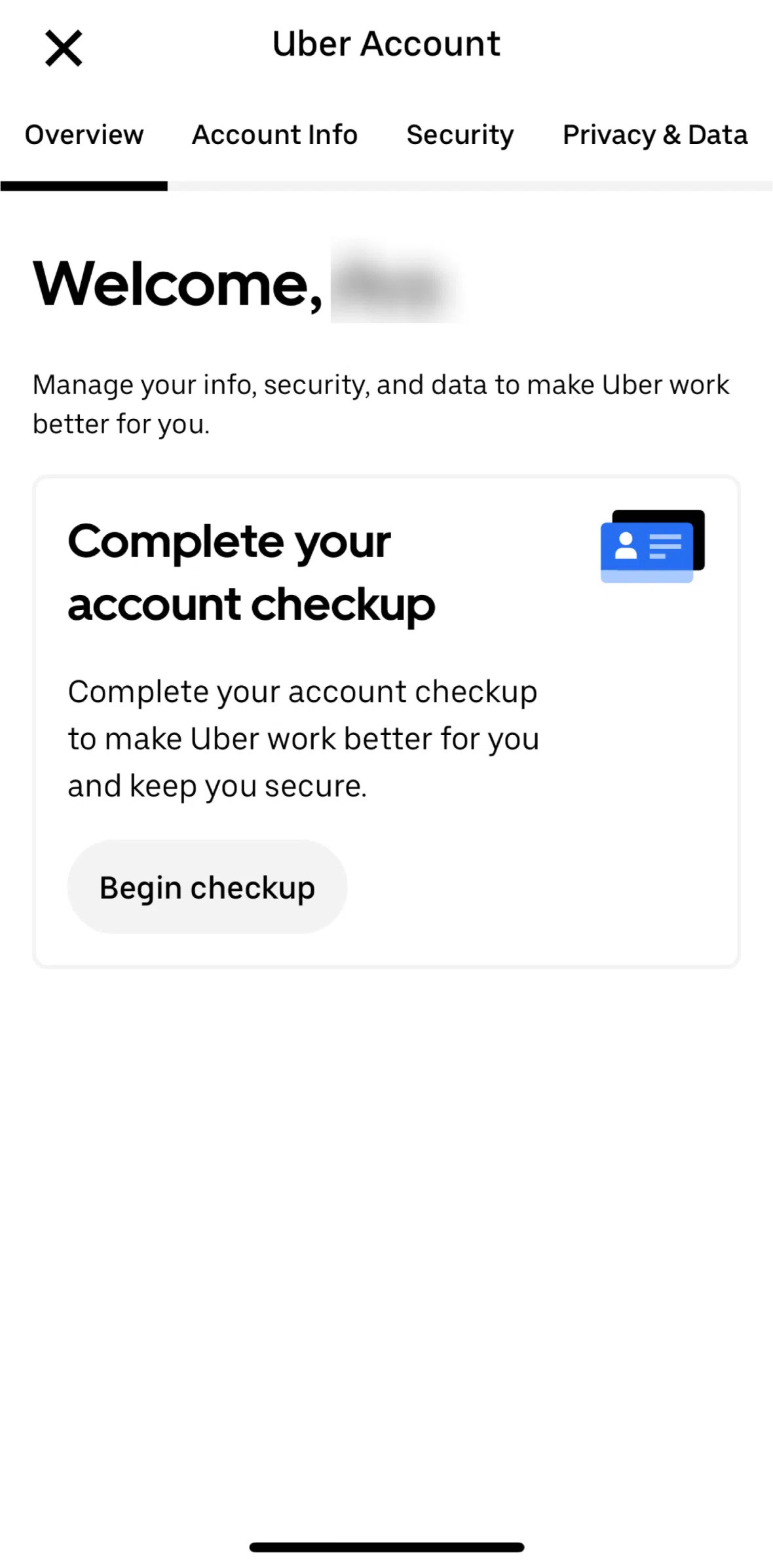 Uber Screen screen in the Completing account checkup flow