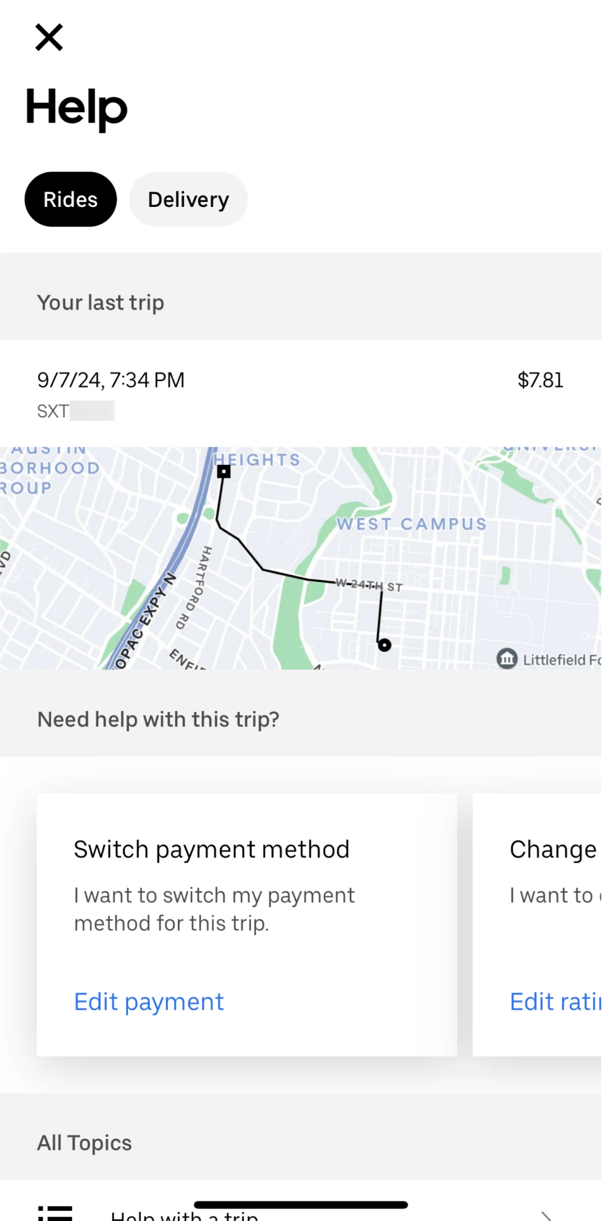 Uber Screen screen in the Delivery (help) flow