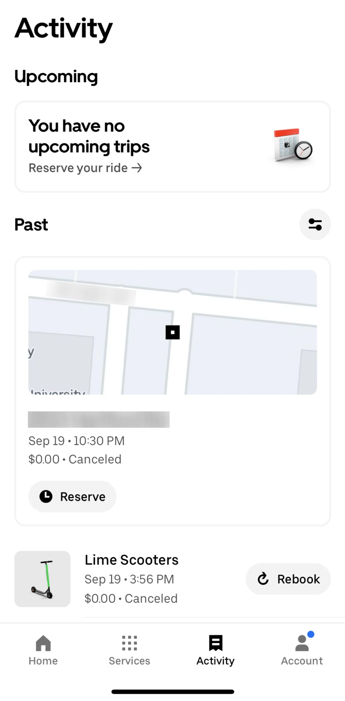 Uber Screen screen in the Filtering activities flow