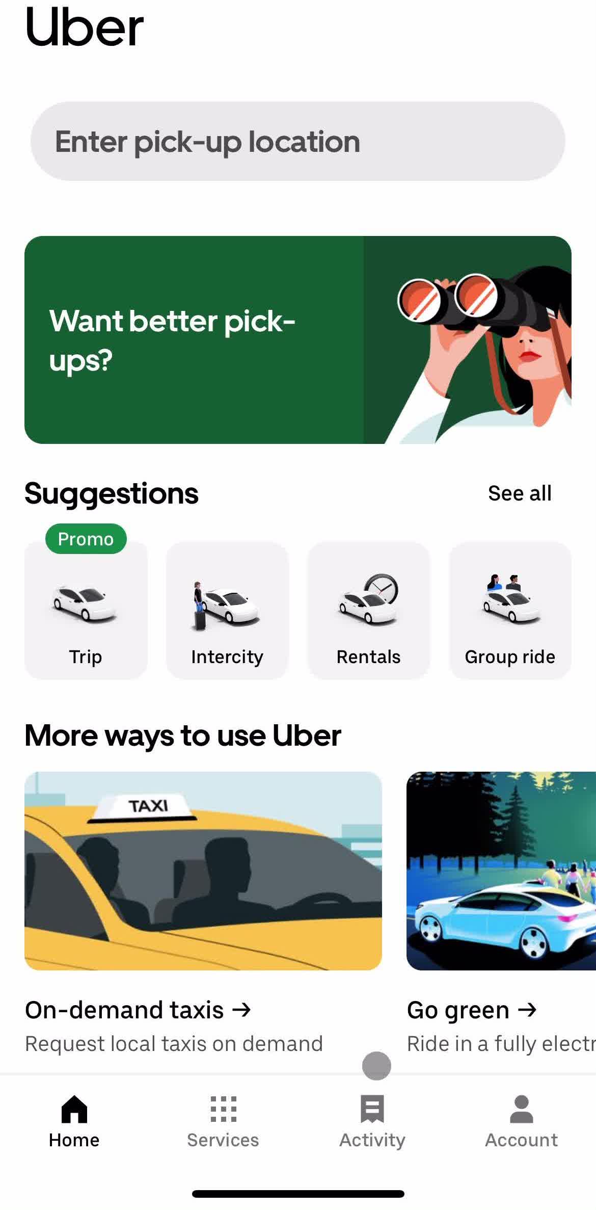 Uber Home screen in the Filtering And Sorting flow