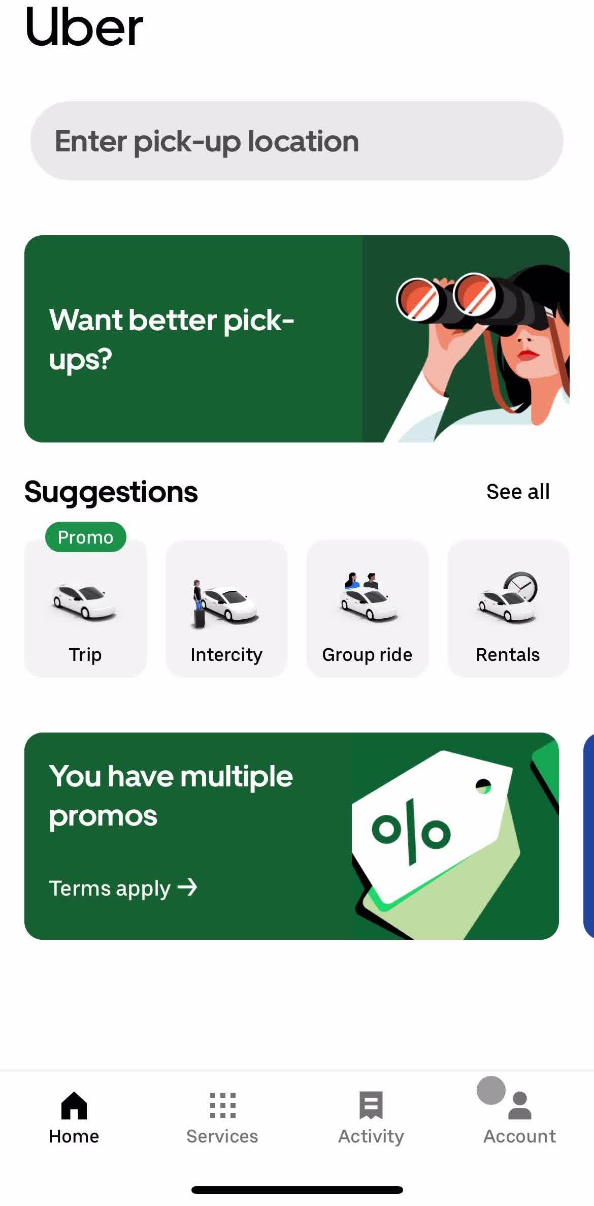 Uber Home screen in the Help Center flow