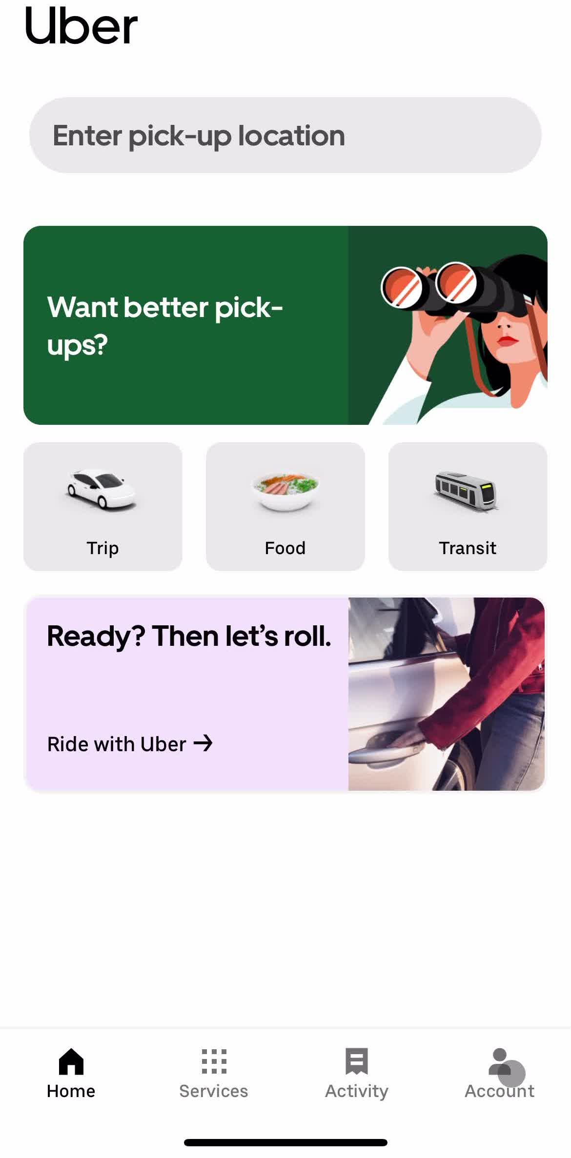Uber Home screen in the Logging Out flow