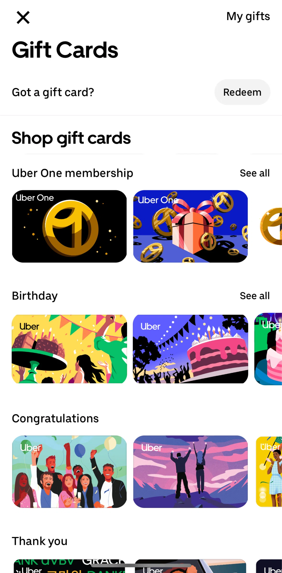 Uber Screen screen in the My gifts flow