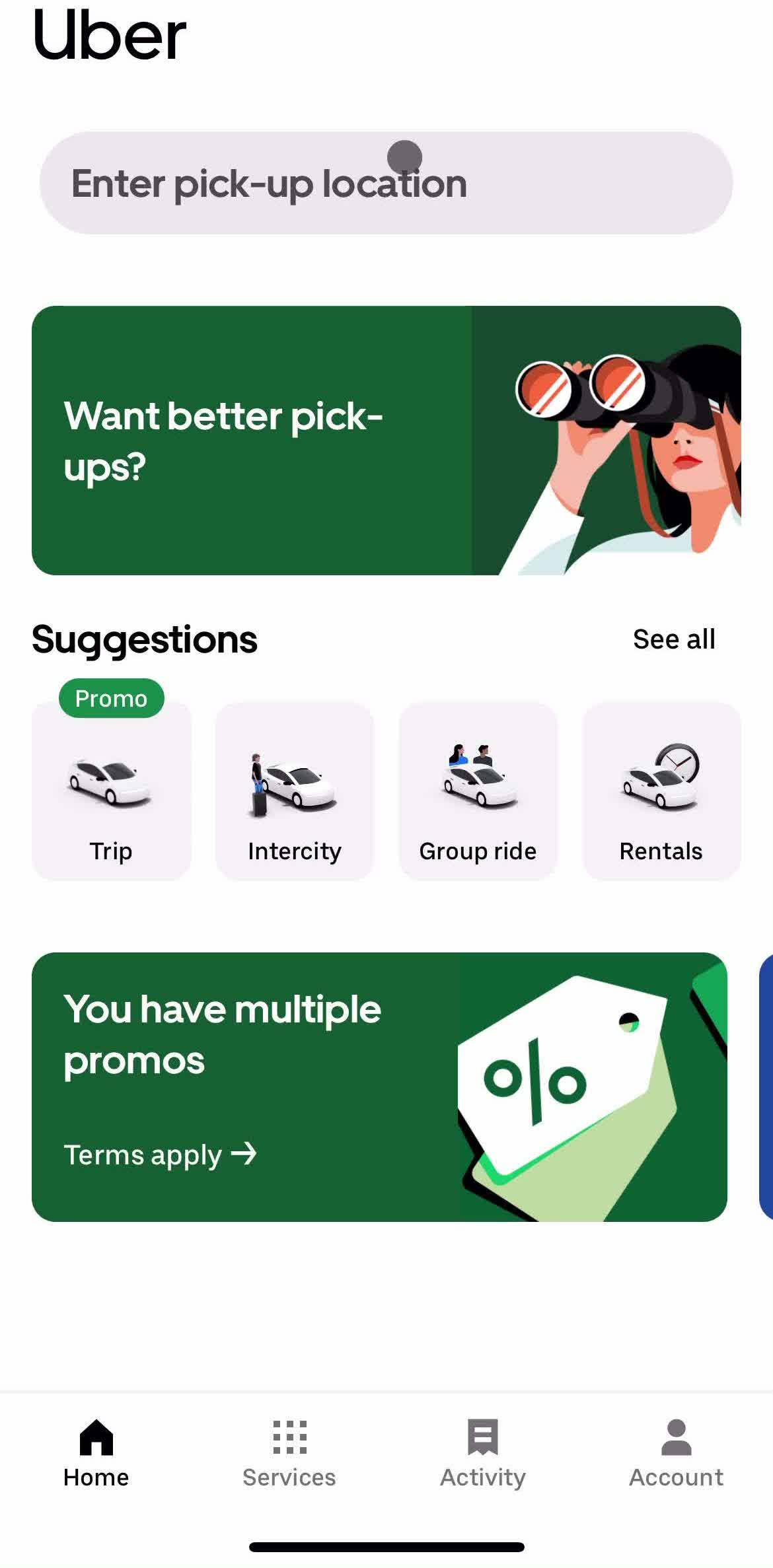 Uber Home screen in the Searching flow