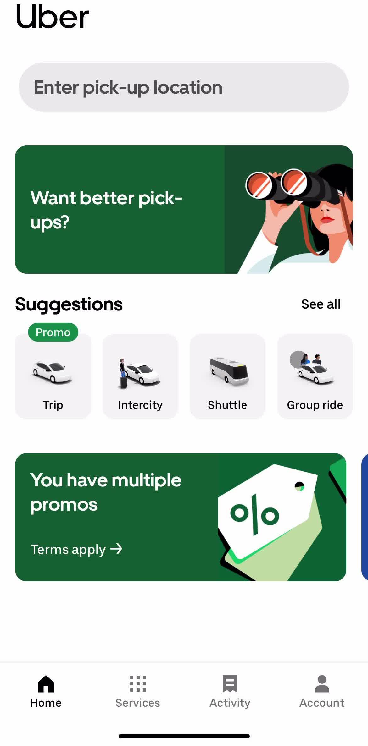 Uber Home screen in the Sending A Package flow
