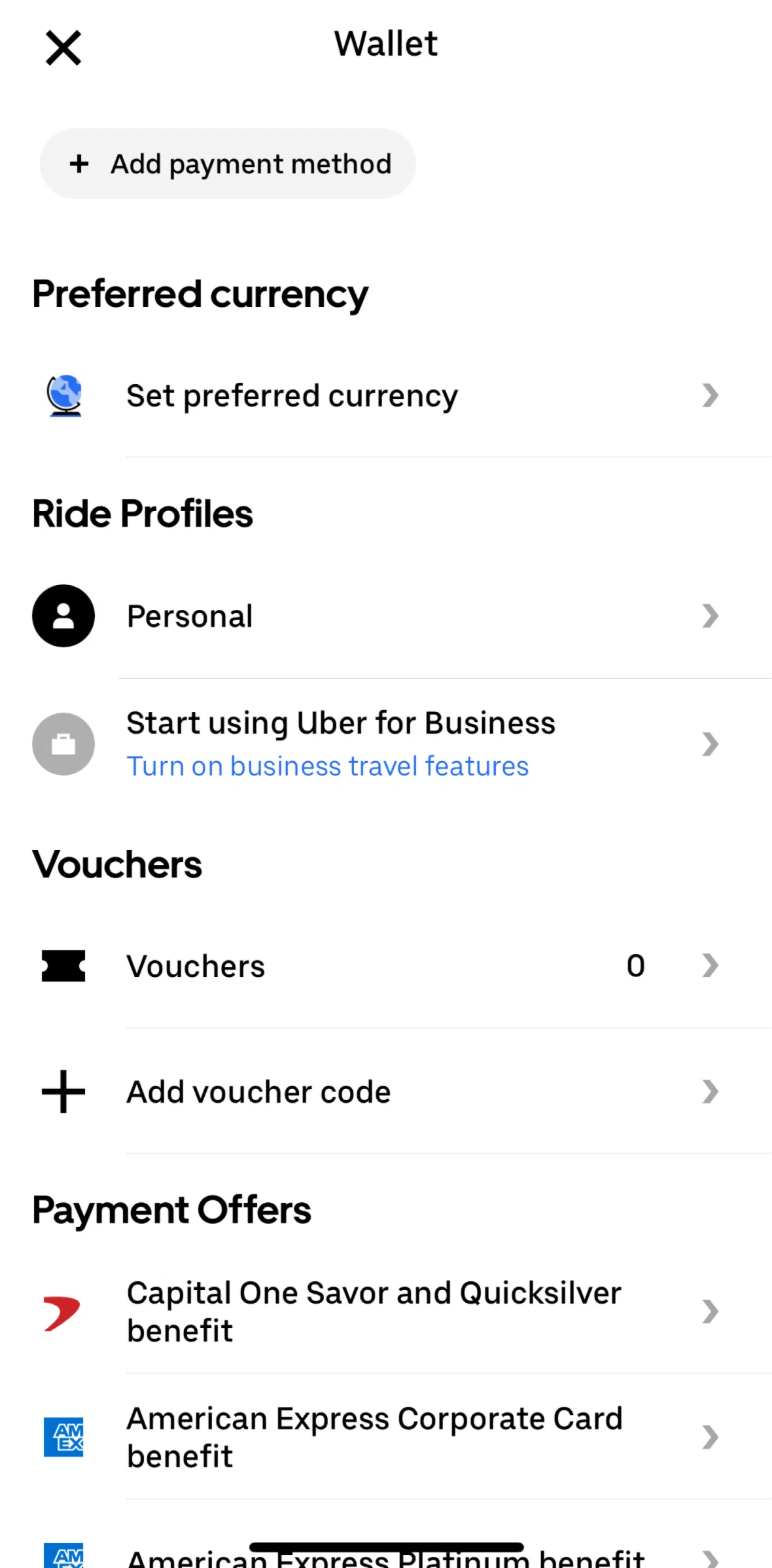 Uber Screen screen in the Setting preferred currency flow
