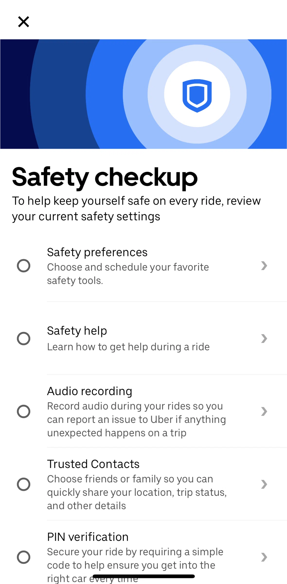 Uber Screen screen in the Setting safety preferences flow