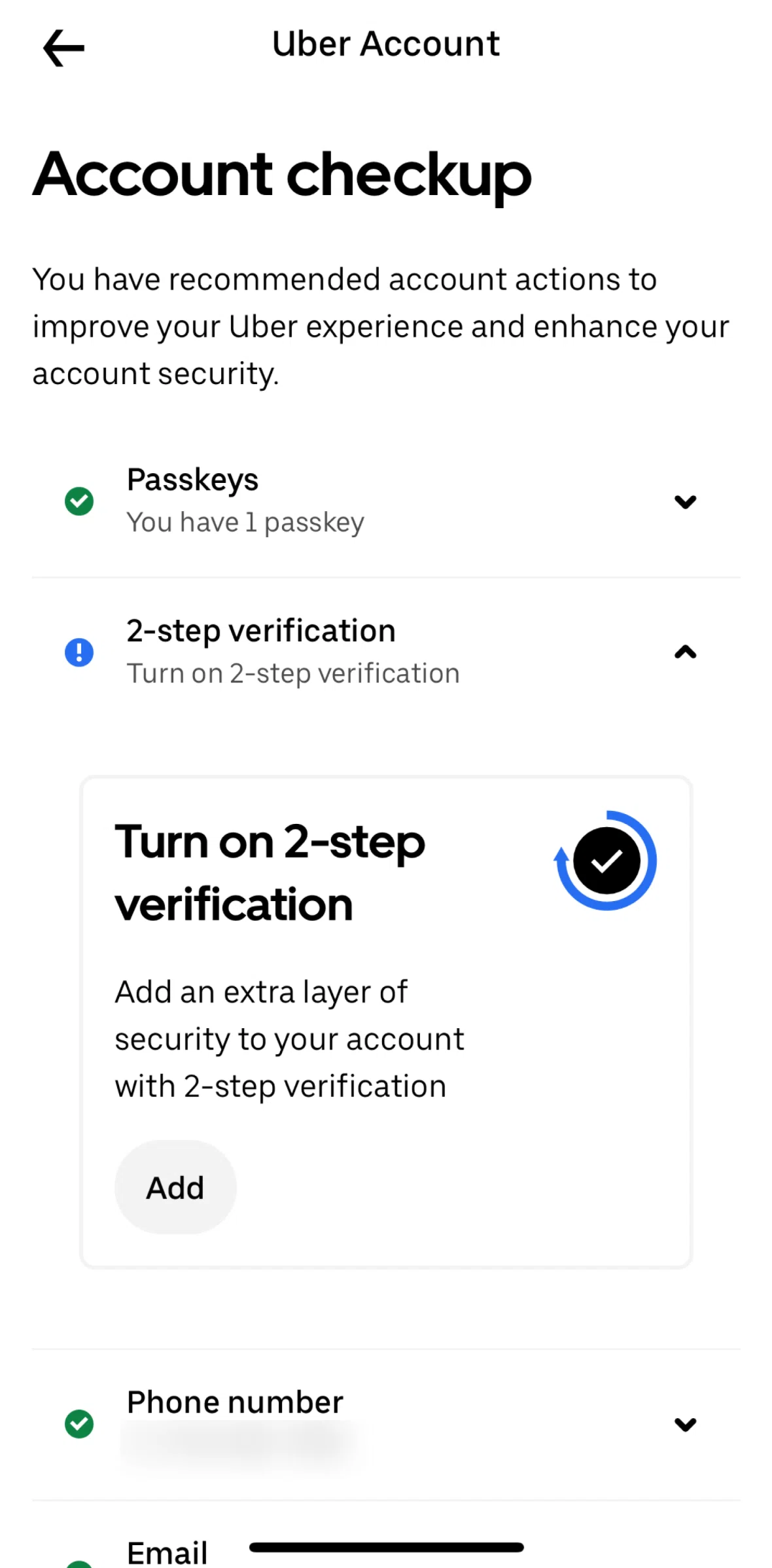 Uber Screen screen in the Turning on 2-step verification flow