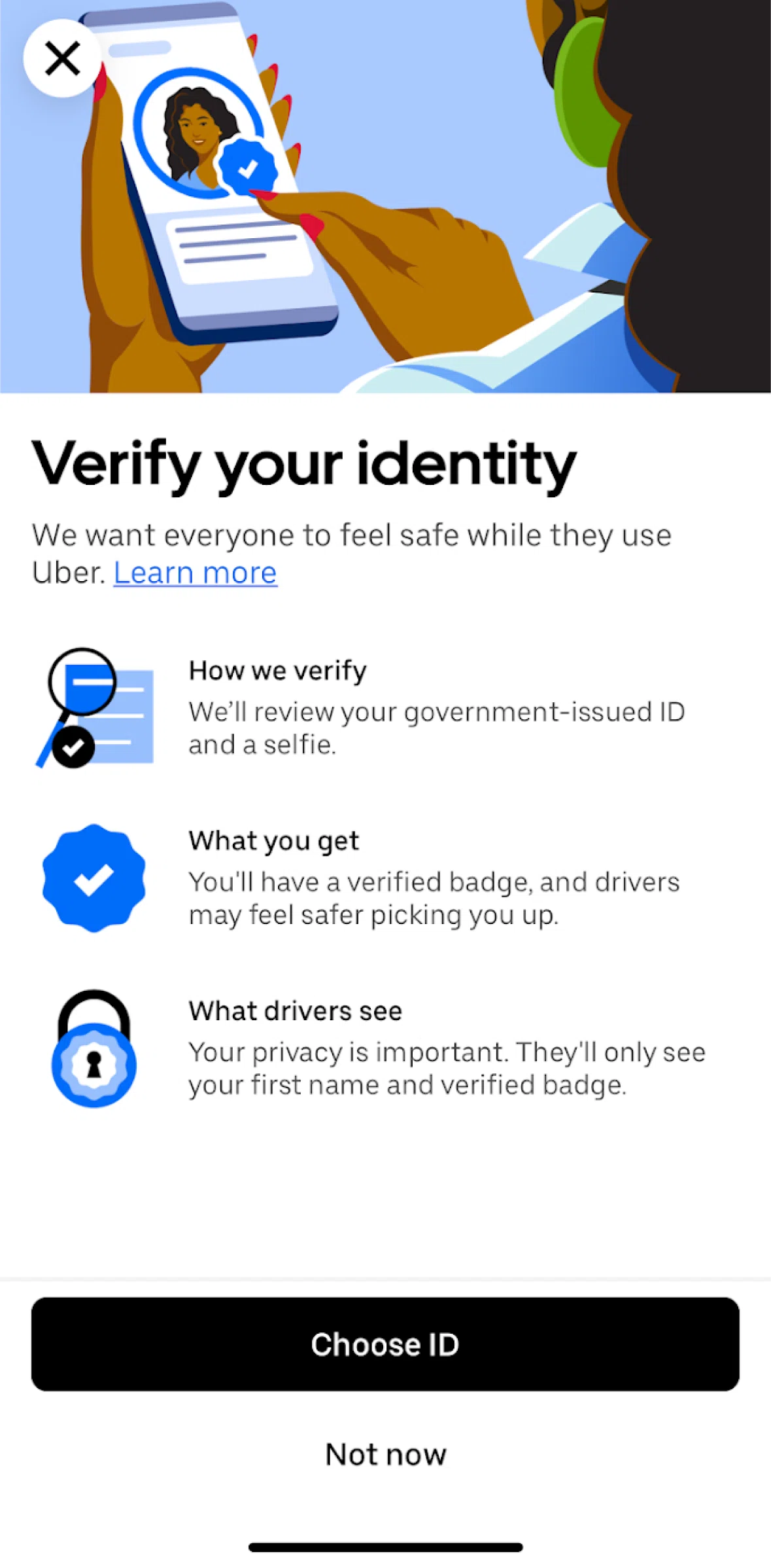 Uber Screen screen in the Verifying profile flow