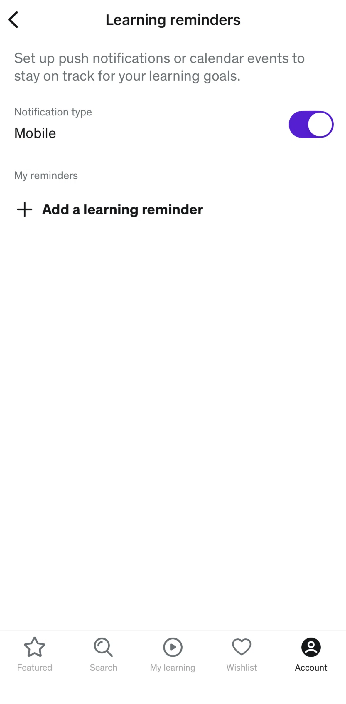 Udemy Screen screen in the Adding a learning reminder flow