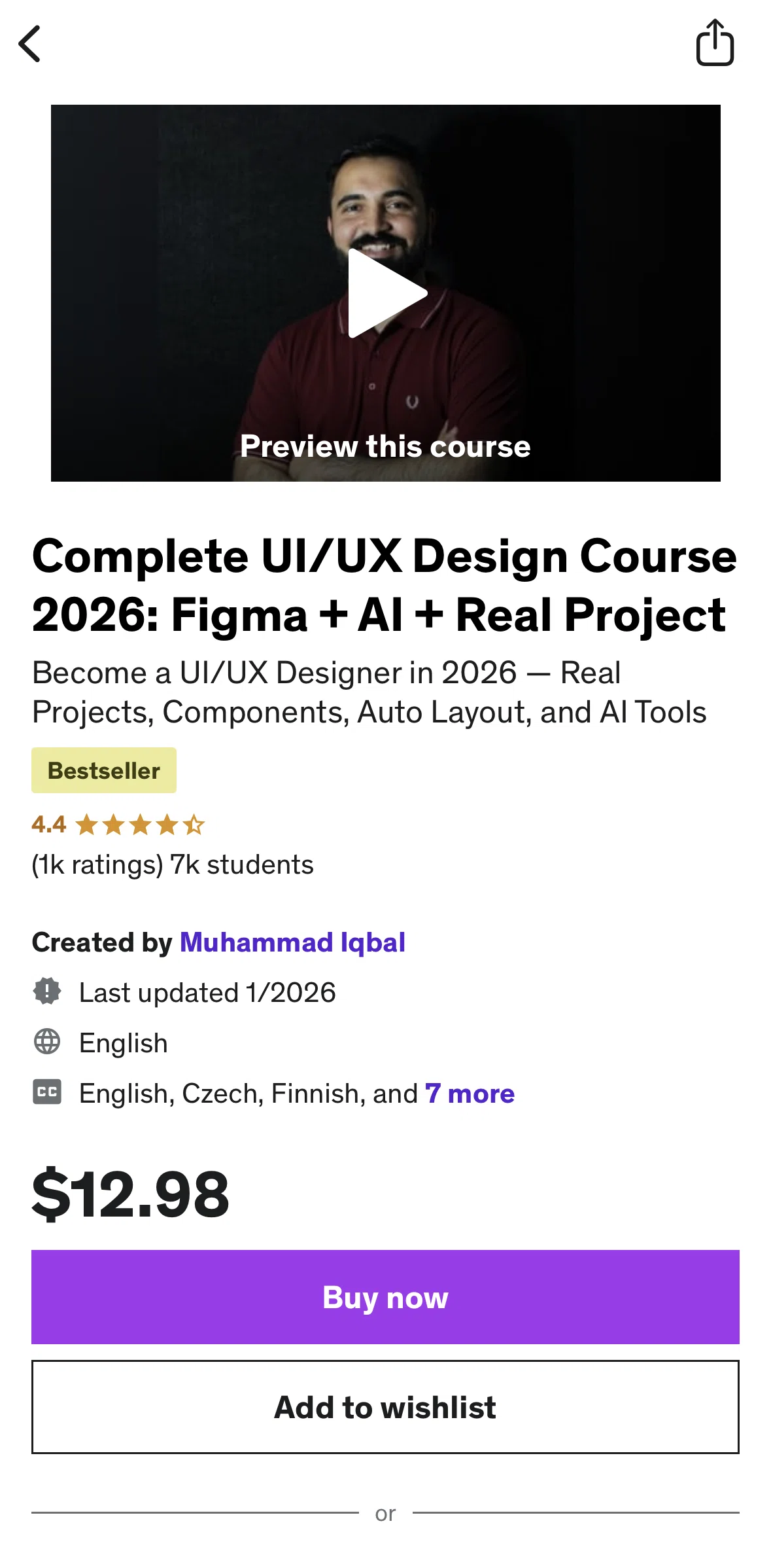 Udemy Screen screen in the Adding to wishlist flow