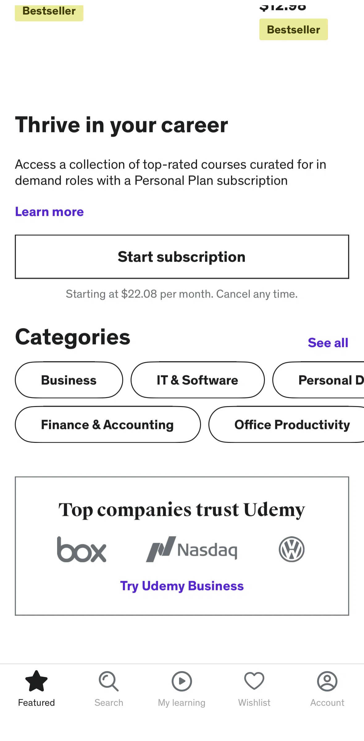 Udemy Screen screen in the Browse a category flow