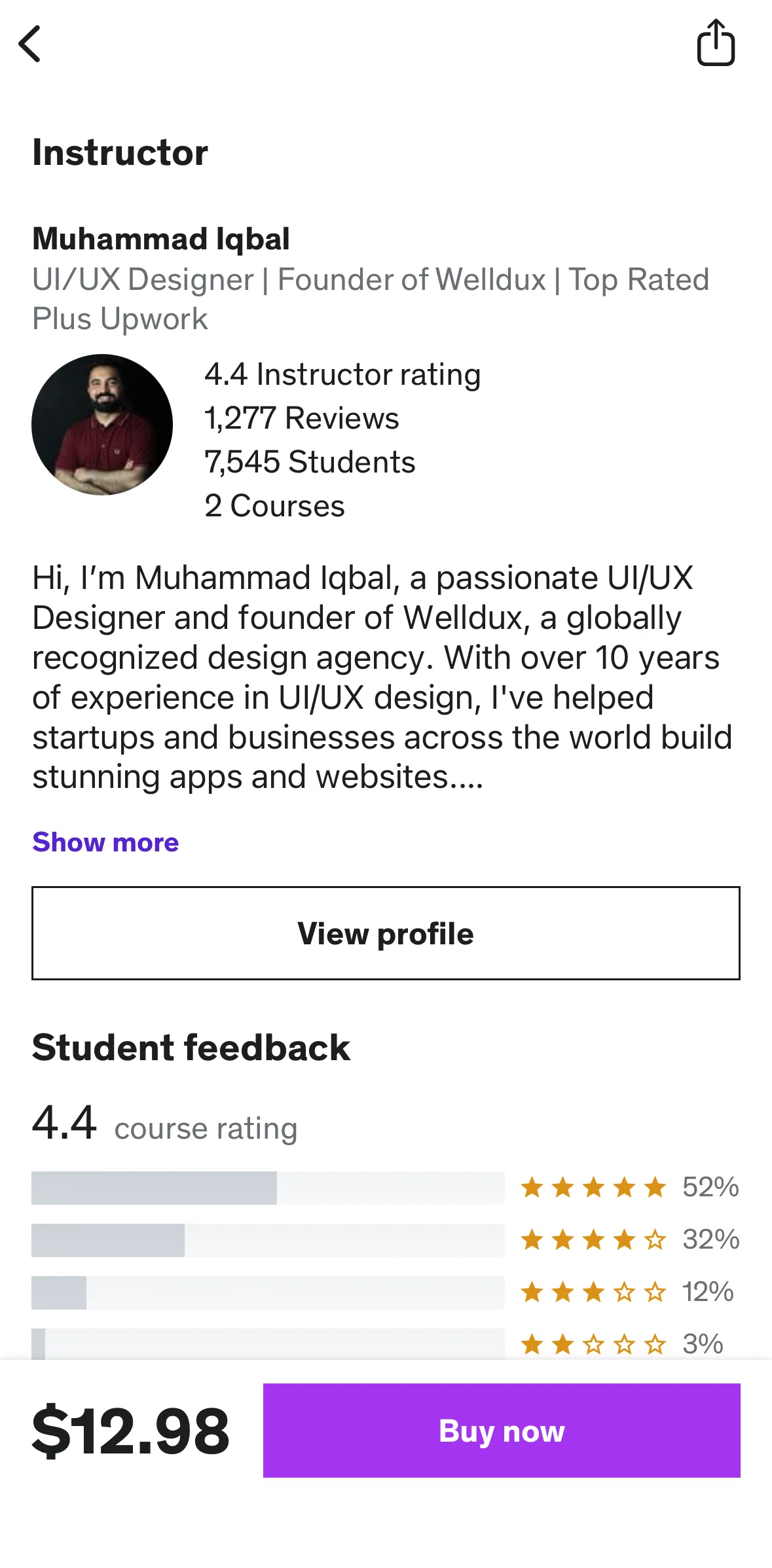 Udemy Screen screen in the Instructor profile flow