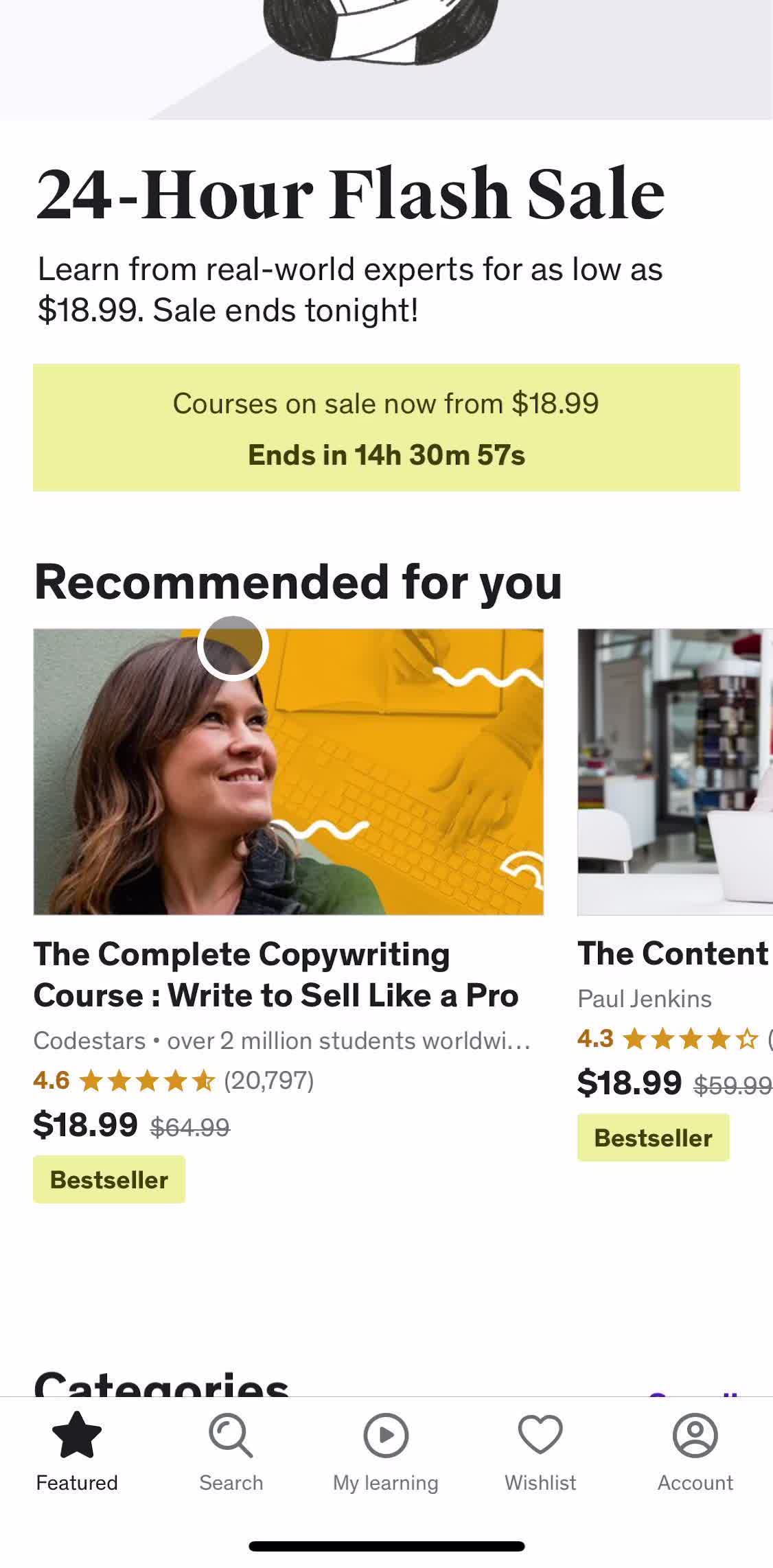 Udemy Home screen in the Learning flow